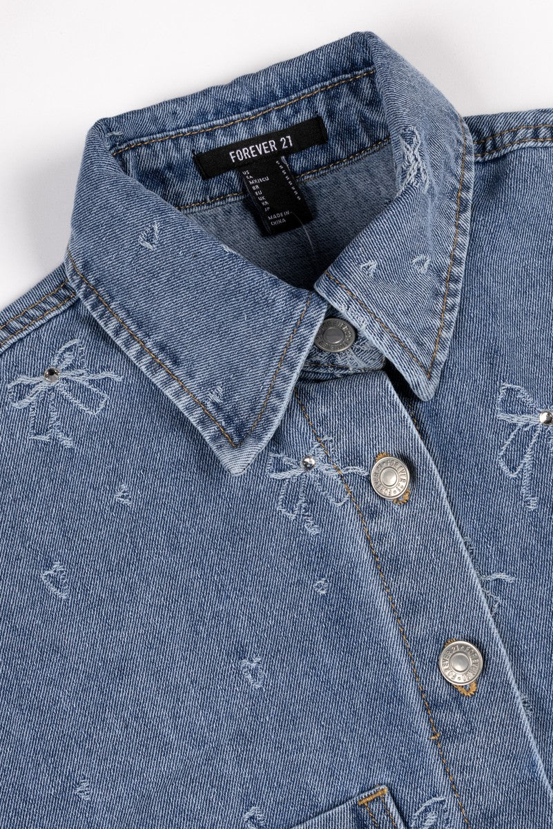 Embroidered Bow Print Oversized Denim Shirt