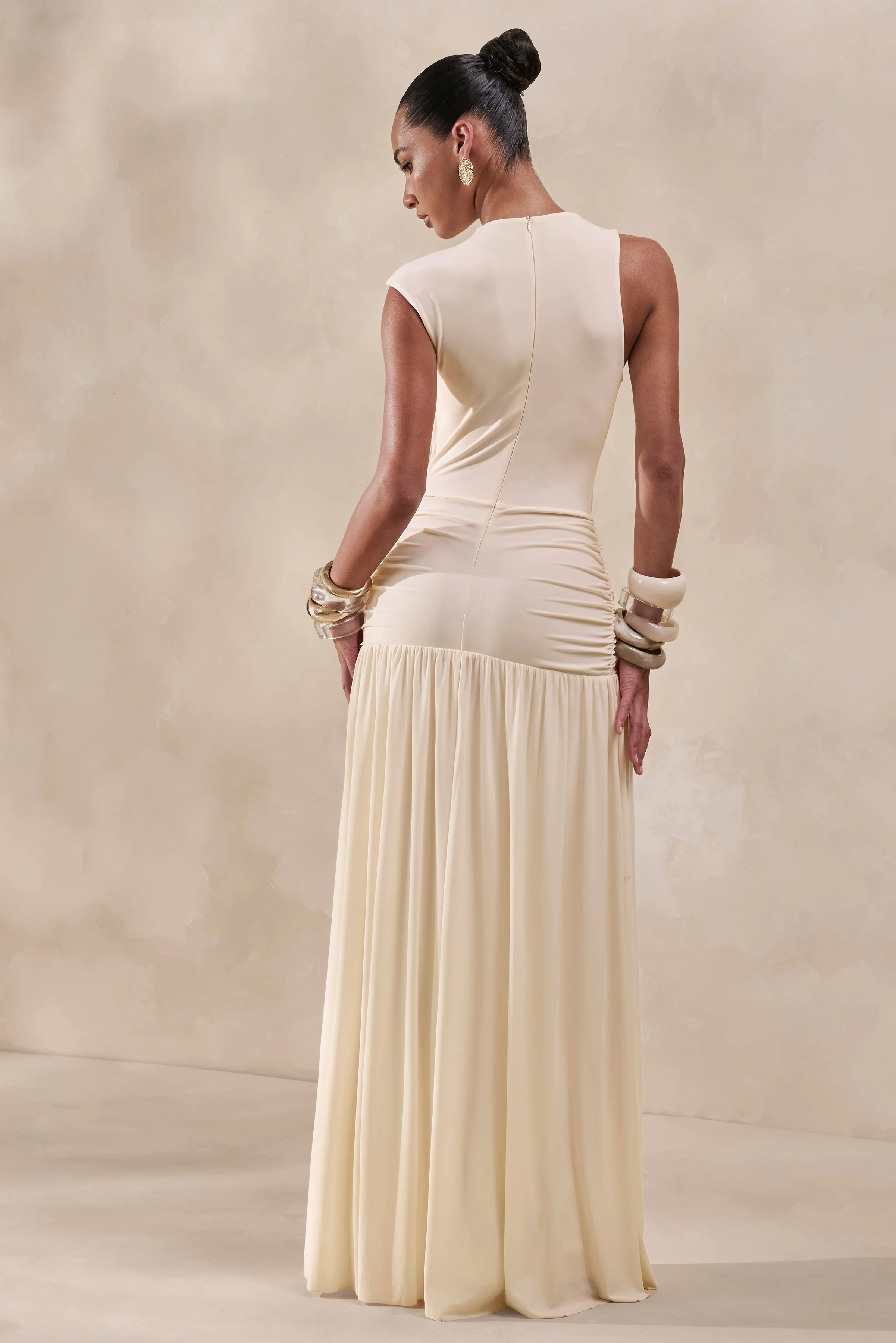 Myssara | Cream High-Neck Maxi Dress Gathered-Detailing