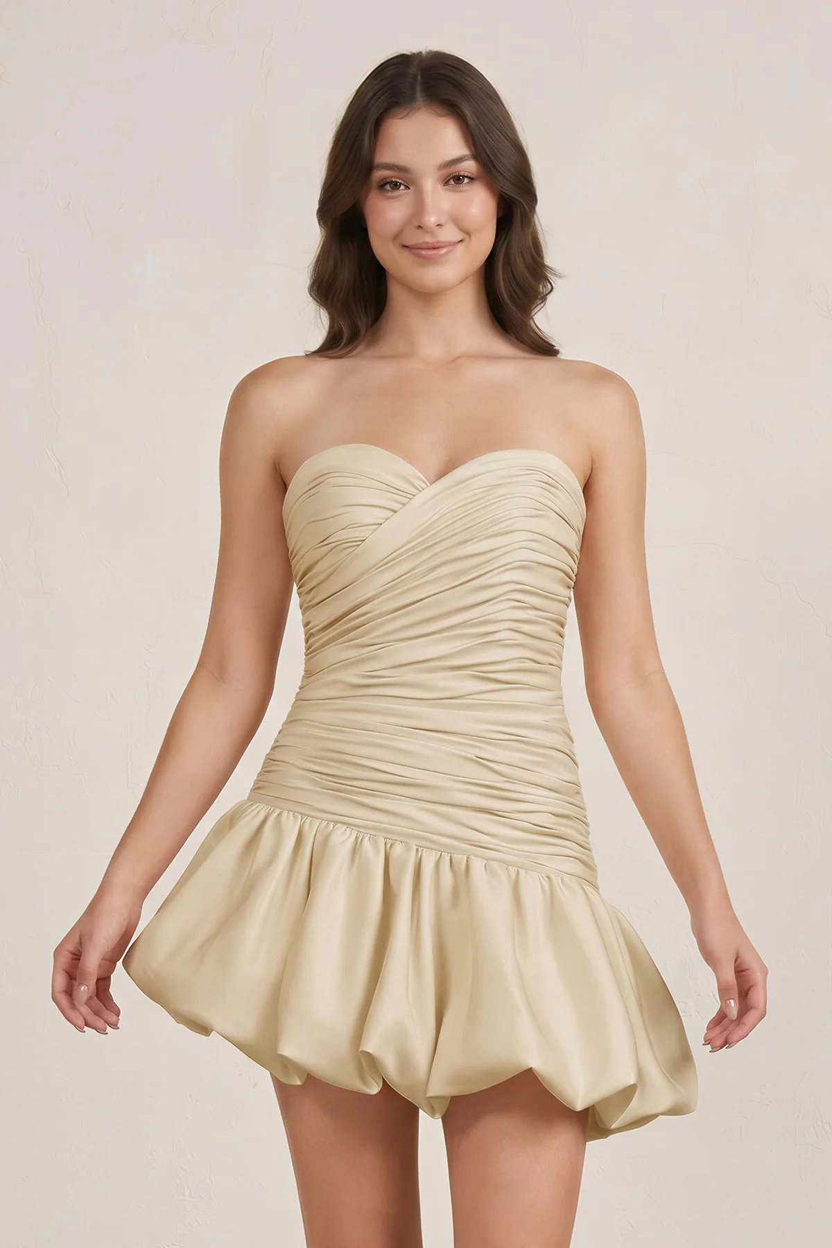 Champagne Strapless A-Line Satin Balloon Draped Homecoming Dress