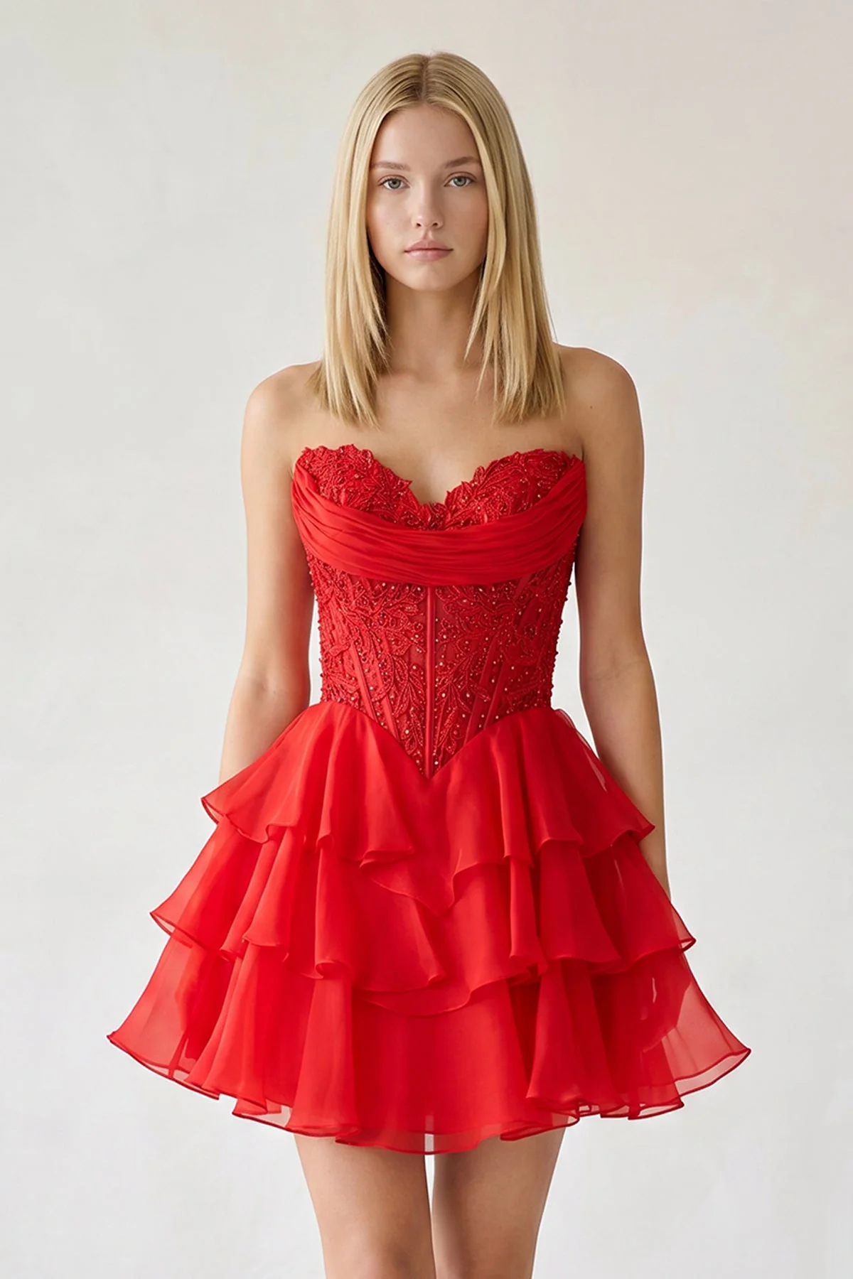 Red Ruffled A-Line Chiffon Sweetheart Corset Homecoming Dress With Beading