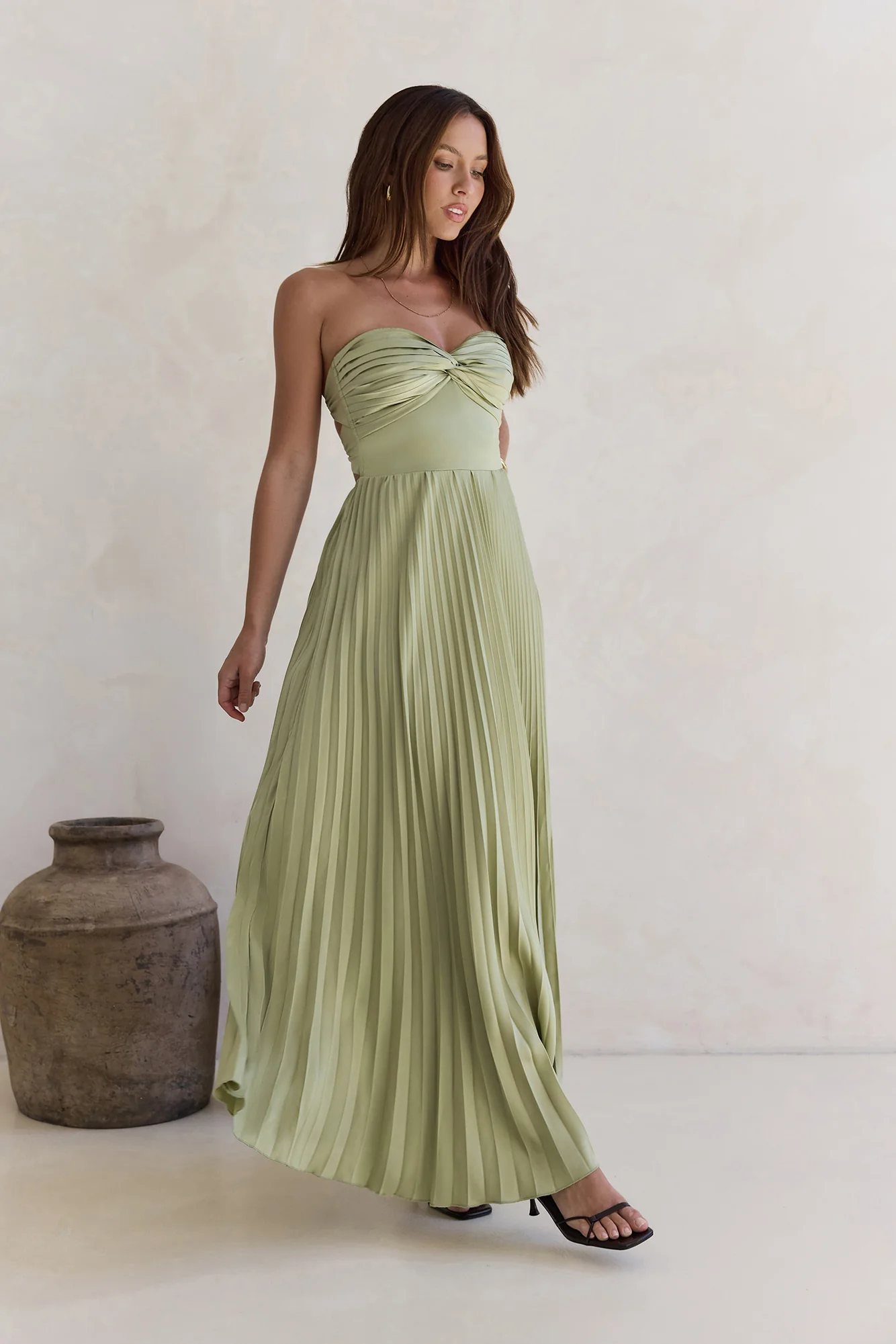 Decades Ago Plisse Strapless Maxi Dress Green