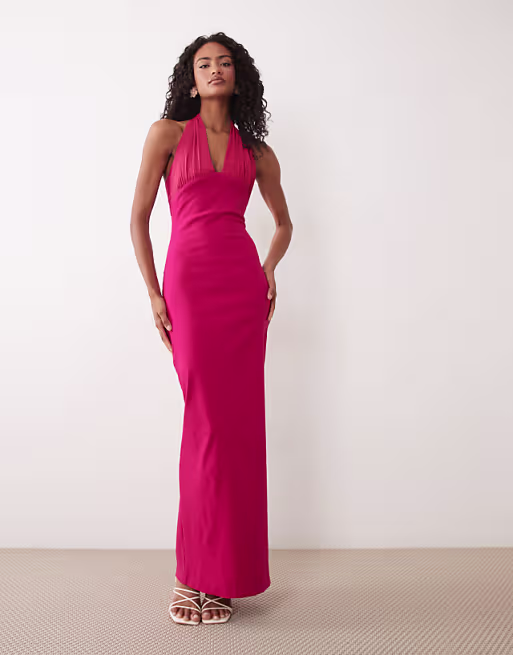 Vesper bengaline halter scoop neck maxi dress in pink