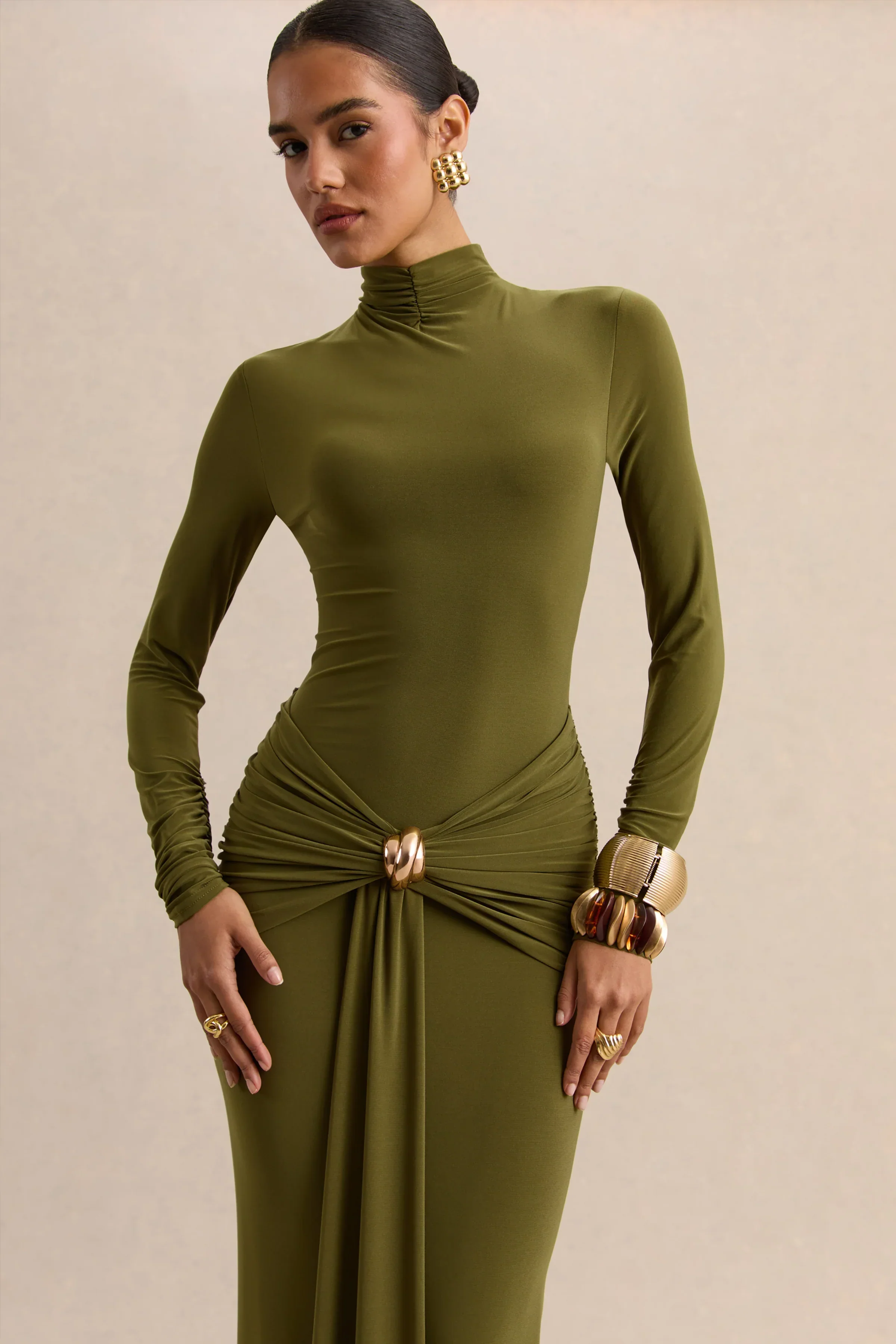 Ambrette | Olive High-Neck Maxi Dress With Gathered-Detailing