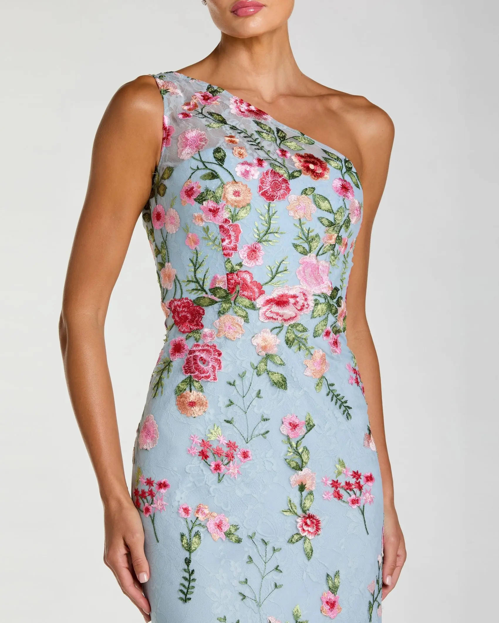Blue One Shoulder Floral Embroidered Gown