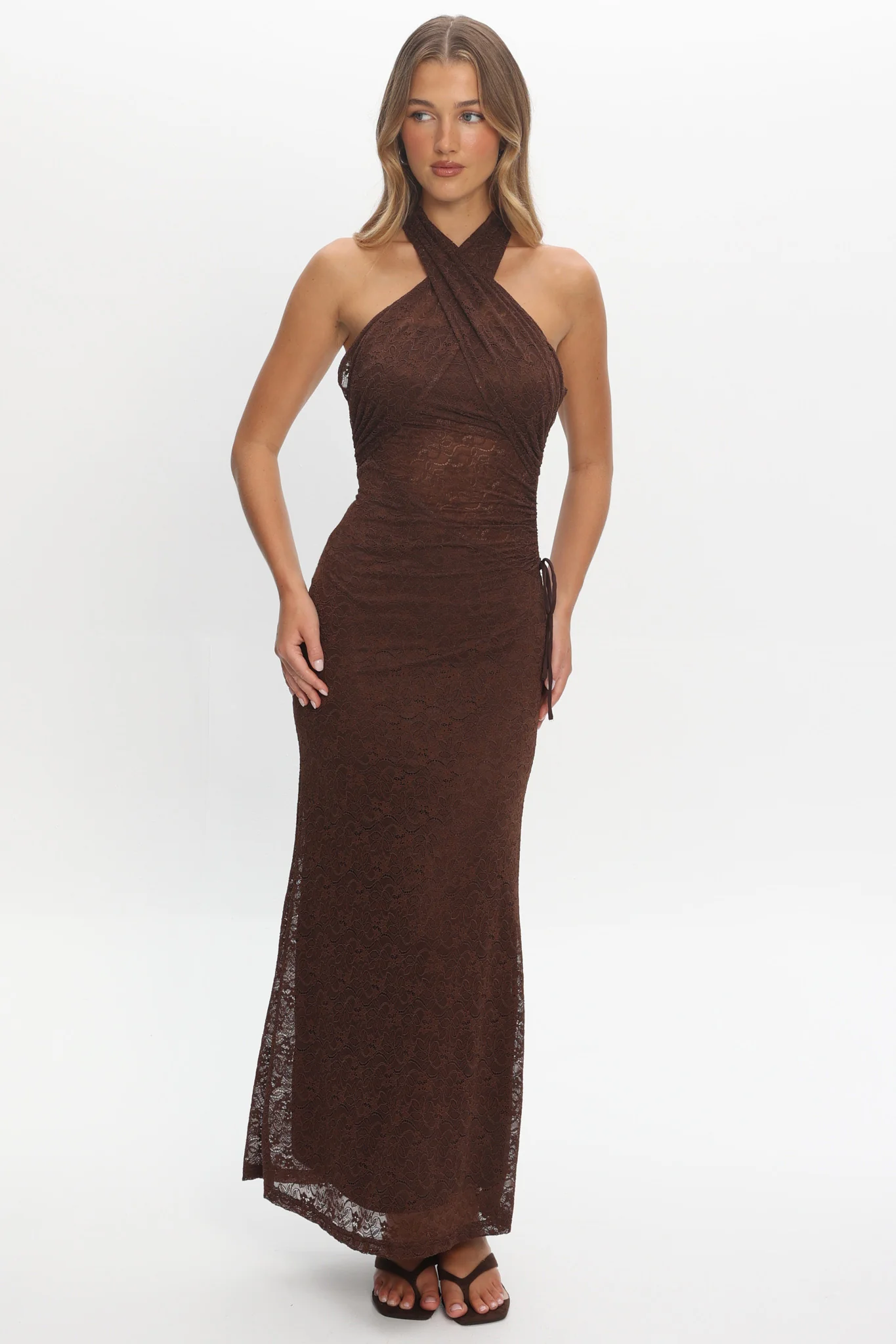 Karmella Ruched Halterneck Maxi Dress Chocolate - luluinthesky