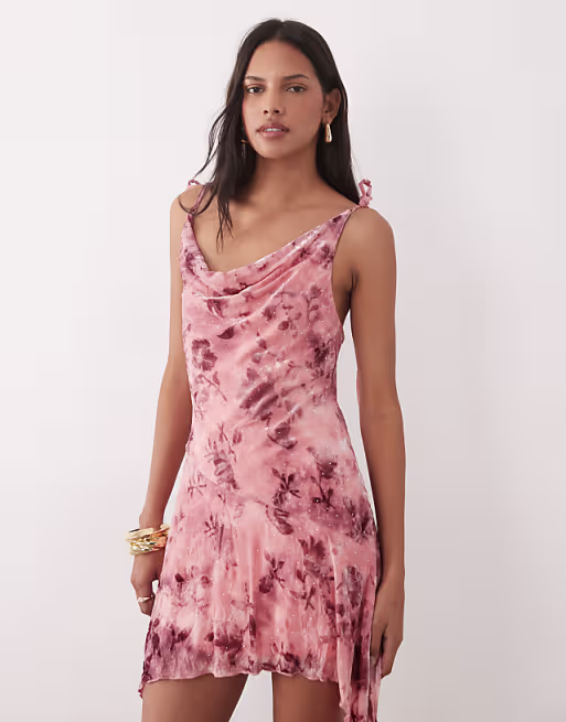 Miss Selfridge burn out hot fix cami festival cowl mini dress with hanky hem