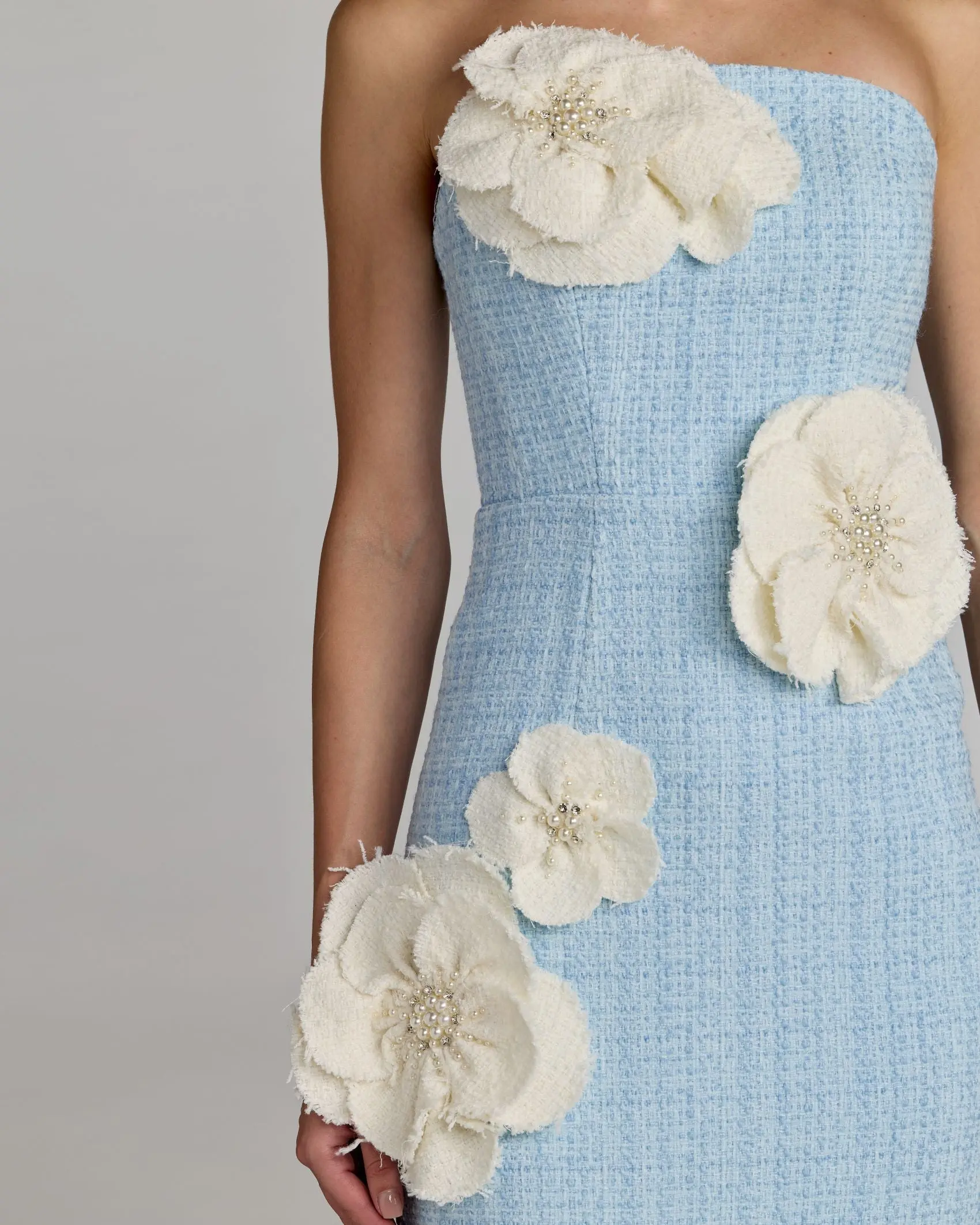 Blue Boucle Strapless 3D Floral Midi Dress - FASHION NOB