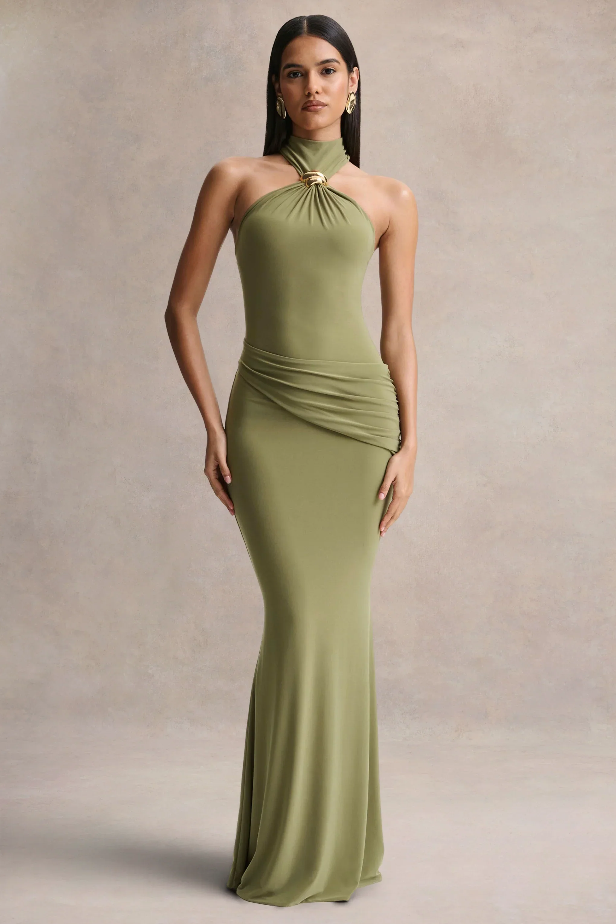 Polina | Olive High-Neck Maxi Dress With Drape And Gold-Detail