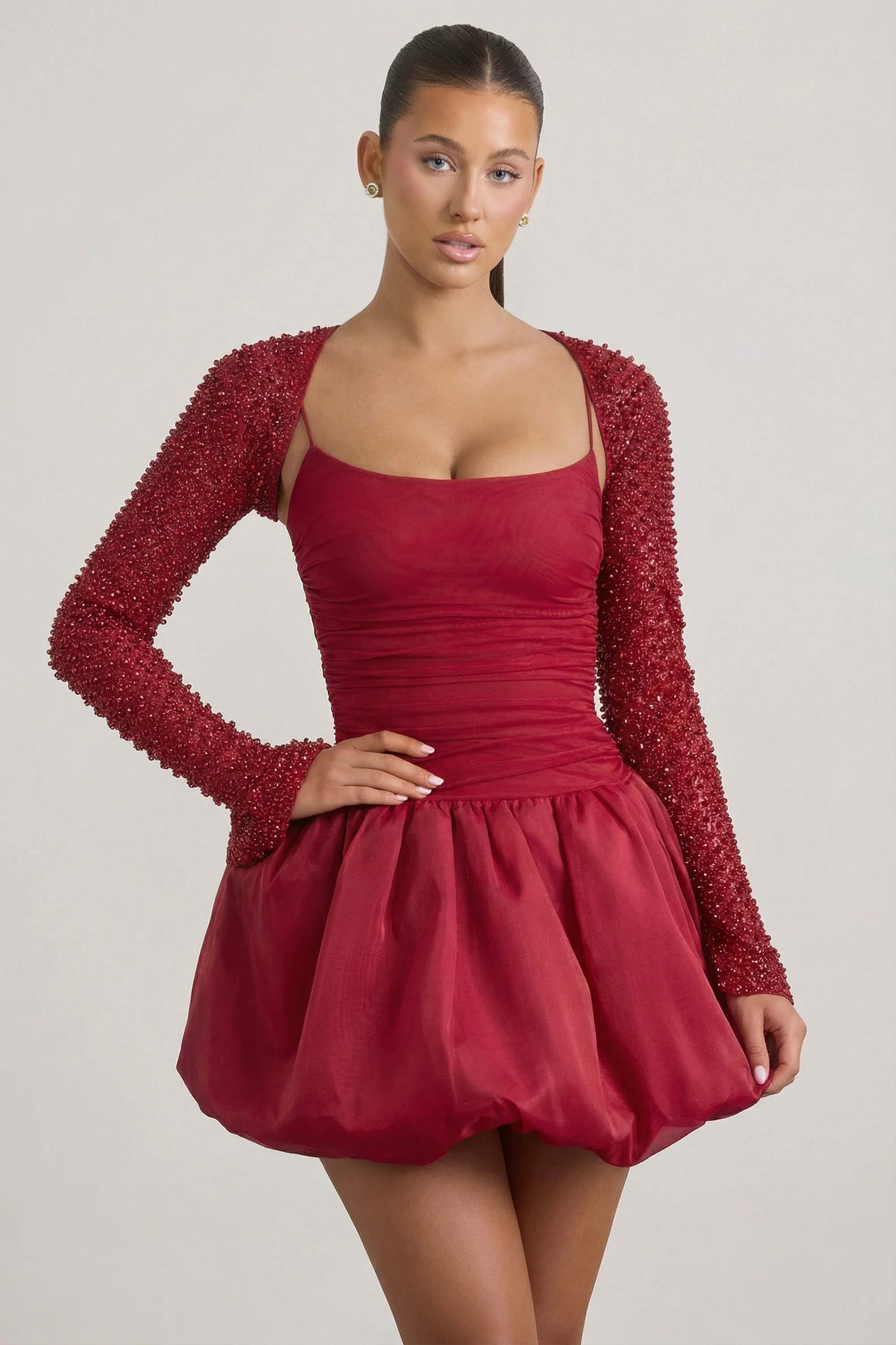 Embellished Bubble Hem Mini Dress in Red
