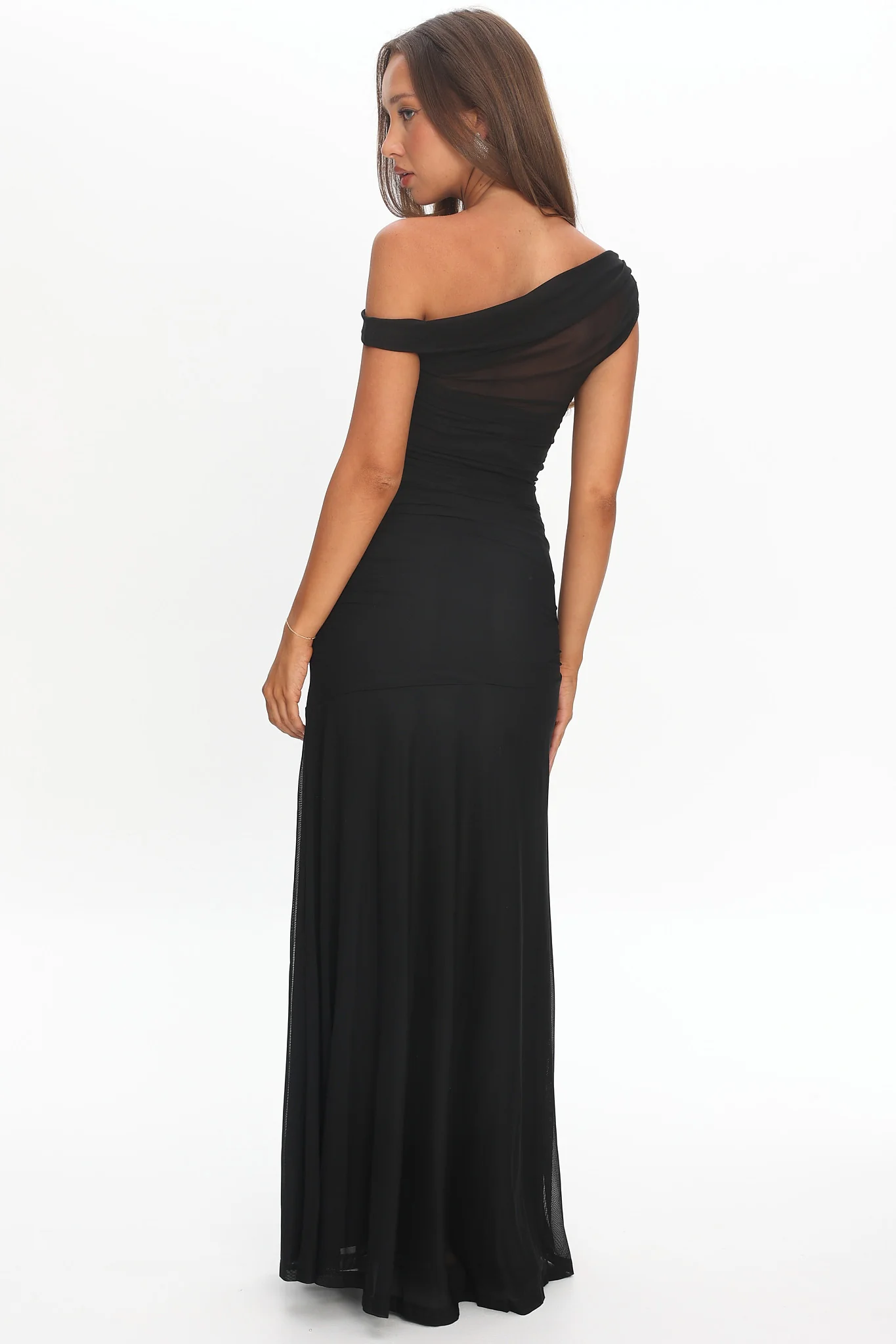 Lylah Asymmetric Neckline Mesh Maxi Dress Black - luluinthesky