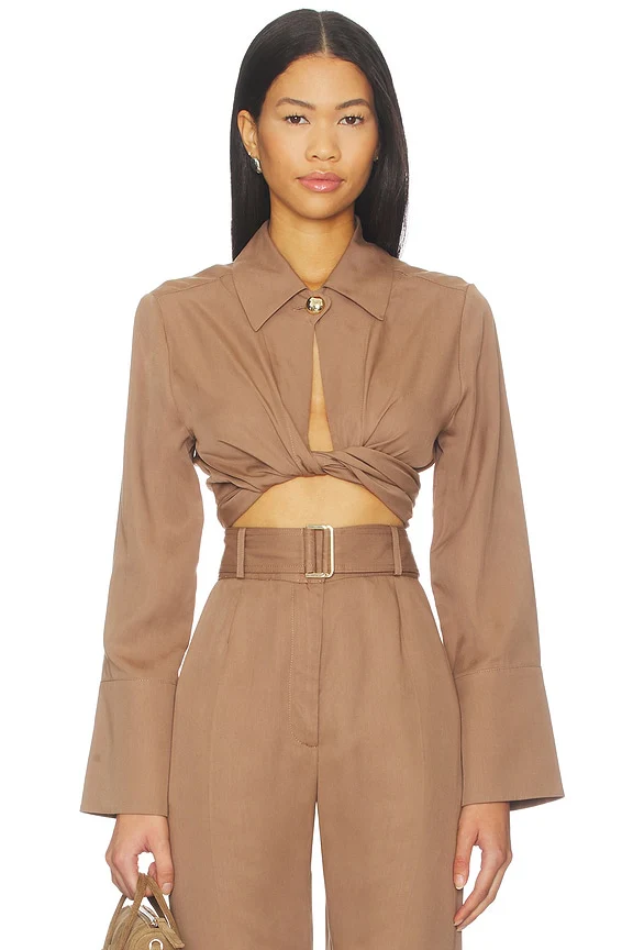 Collared Long Sleeve Wrap Top