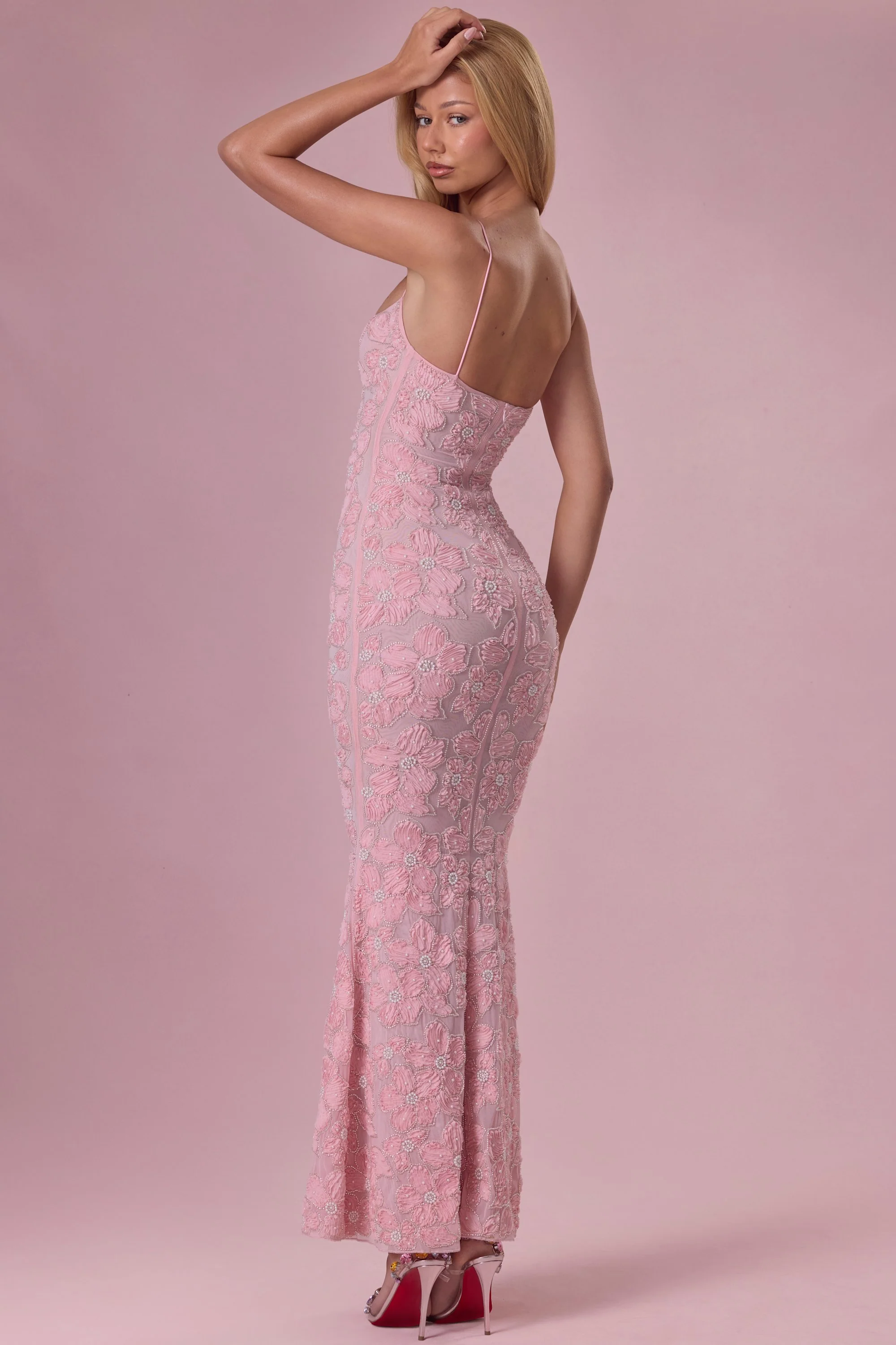 Embellished Square Neck Maxi Dress in Blush Pink