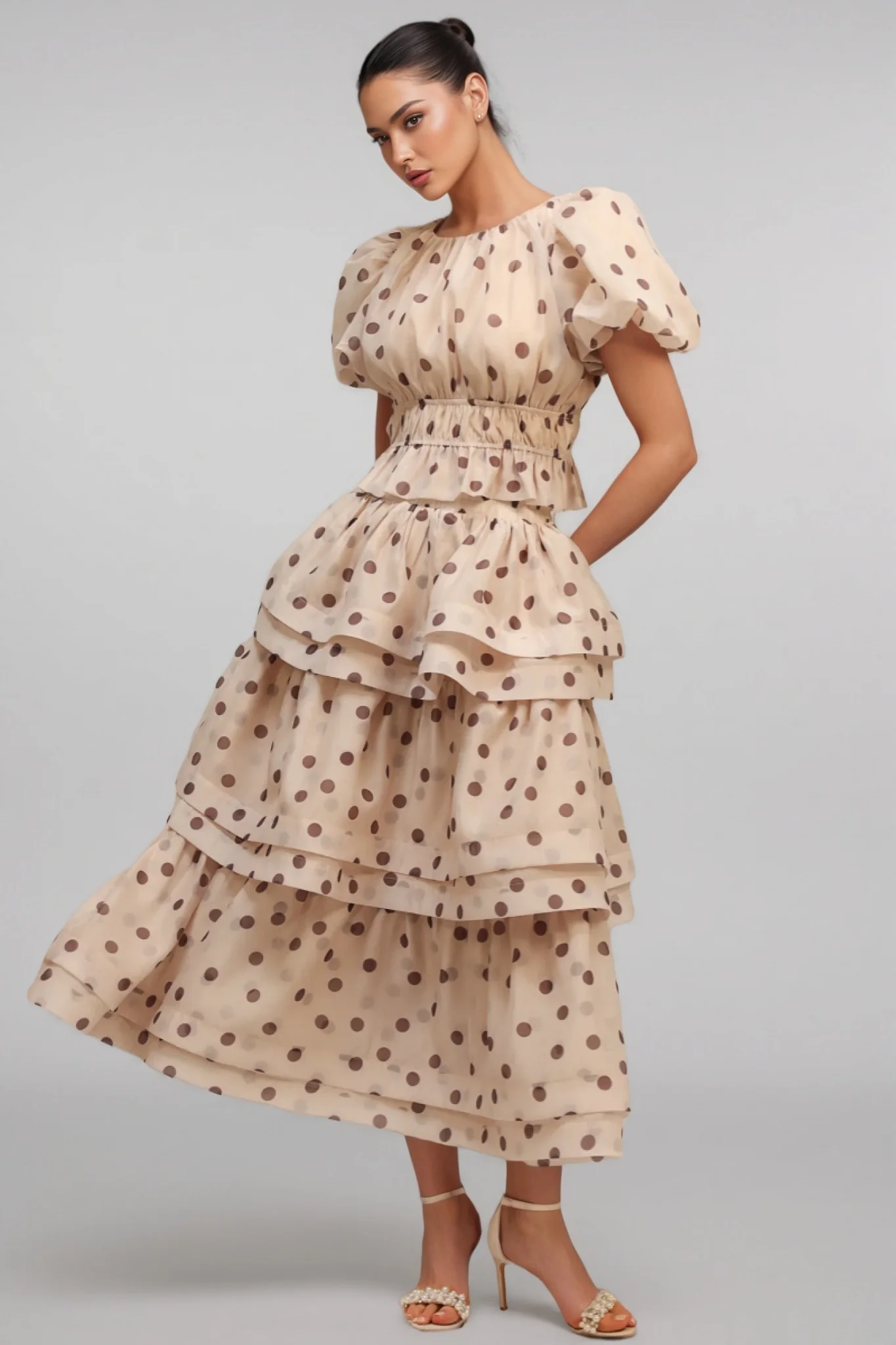 Margaux Puff Sleeves Dot Printed Maxi Dress Set