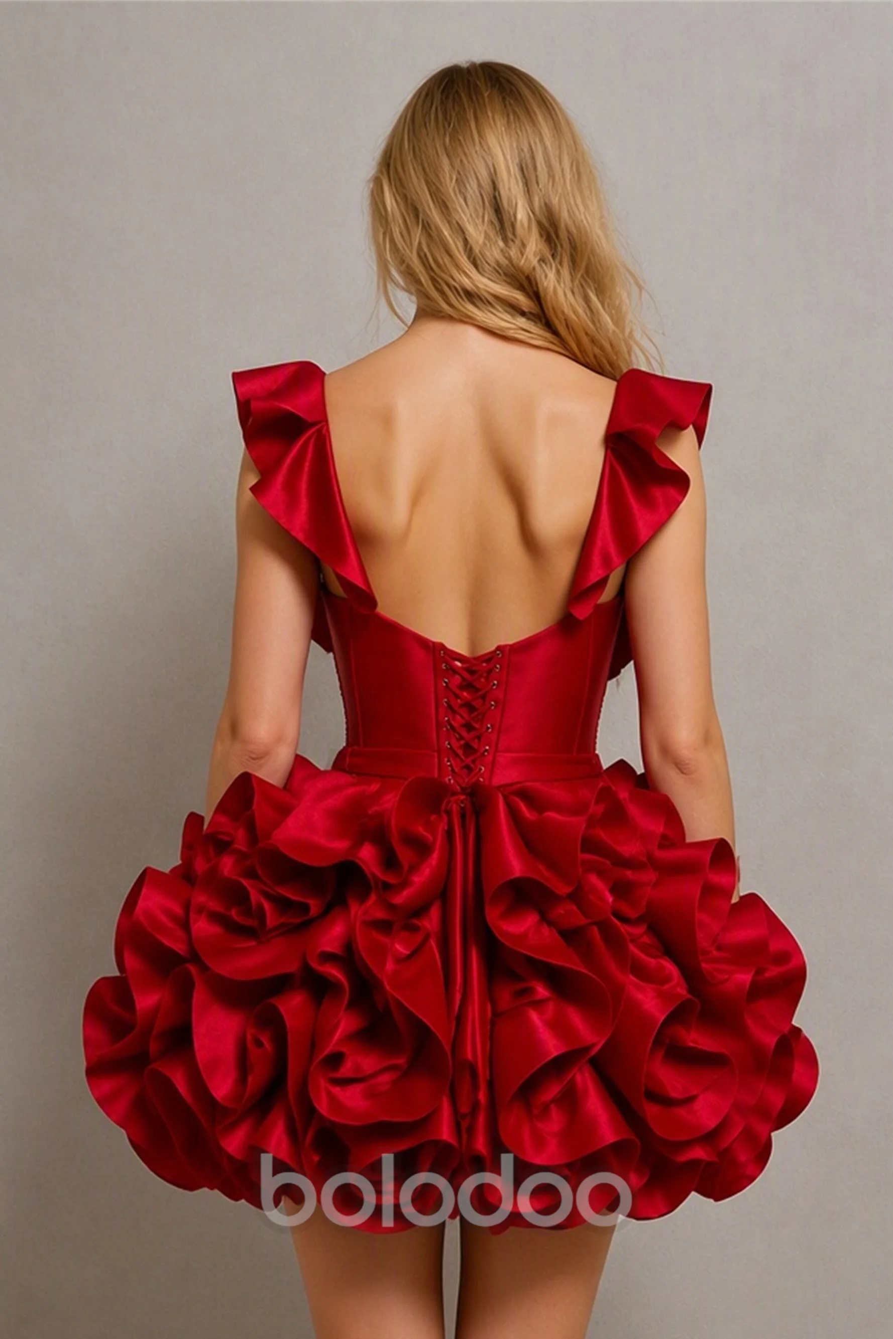 BOLODOO Red Ruffle Strap Crystal Beaded Corset 3D Rose Satin Bubble Mini Dress | Open Back Cocktail Party Dress