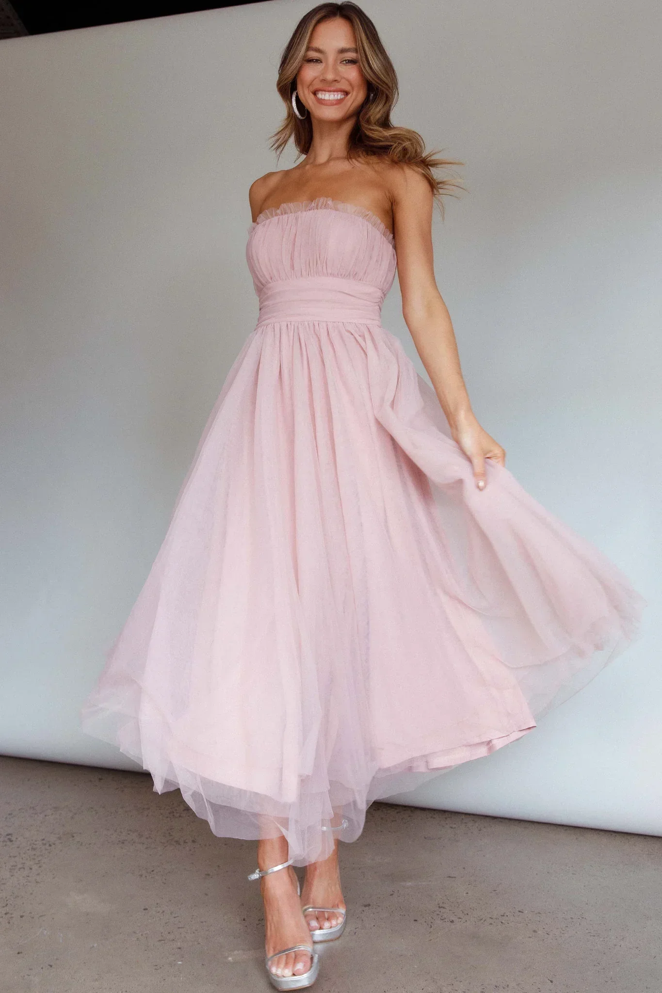 Fayette Strapless Mesh Midi Dress Blush
