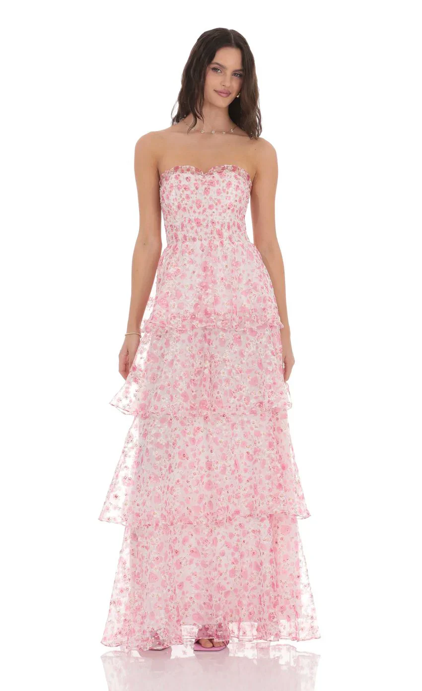 Smocked Floral Ruffle Maxi Dress in Pink
