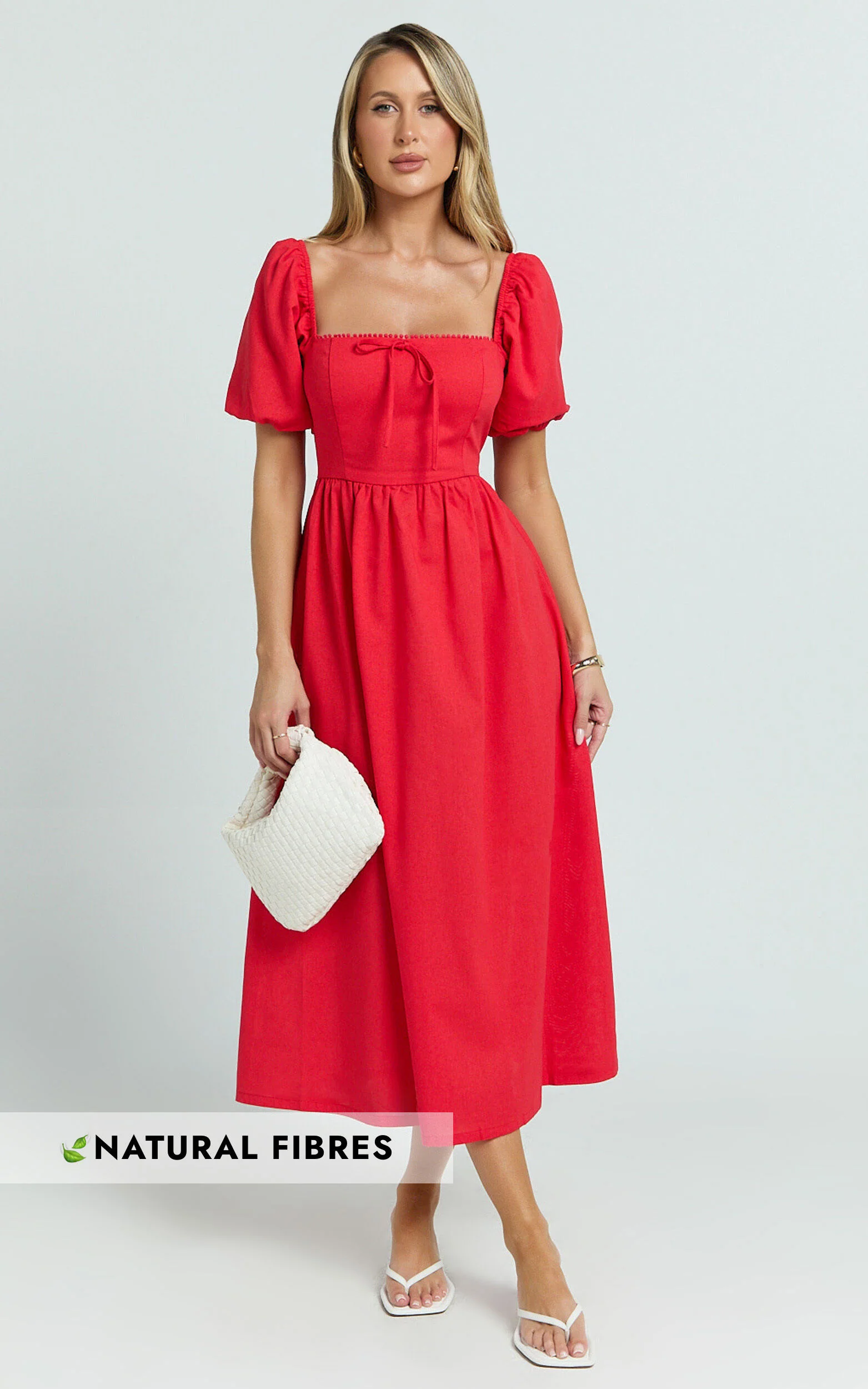 Quinn Midi Linen Dress - Puff Sleeve Square Neck Dress in Red