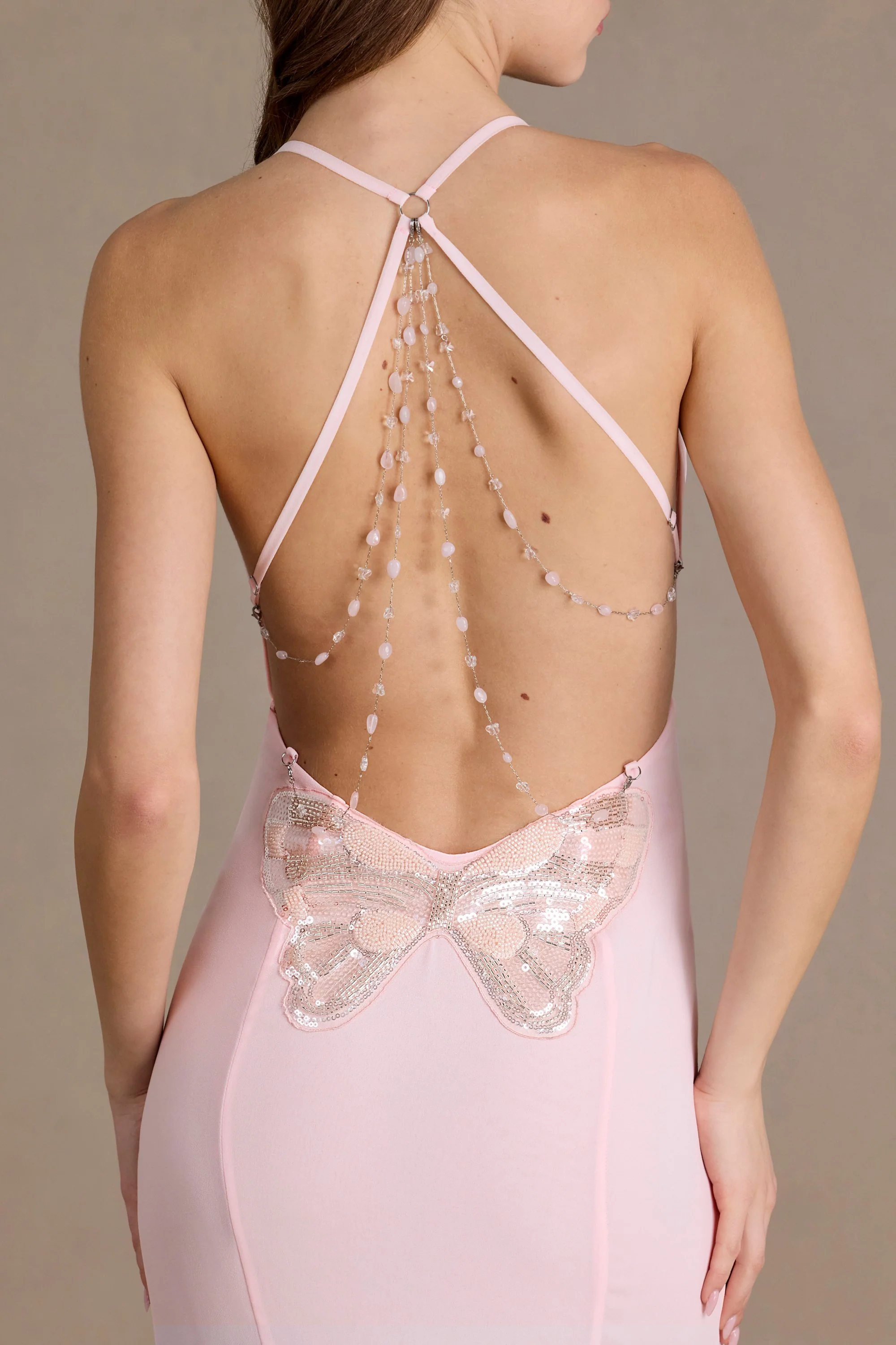 Chiffon Cowl-Neck Open-Back Gown in Baby Pink