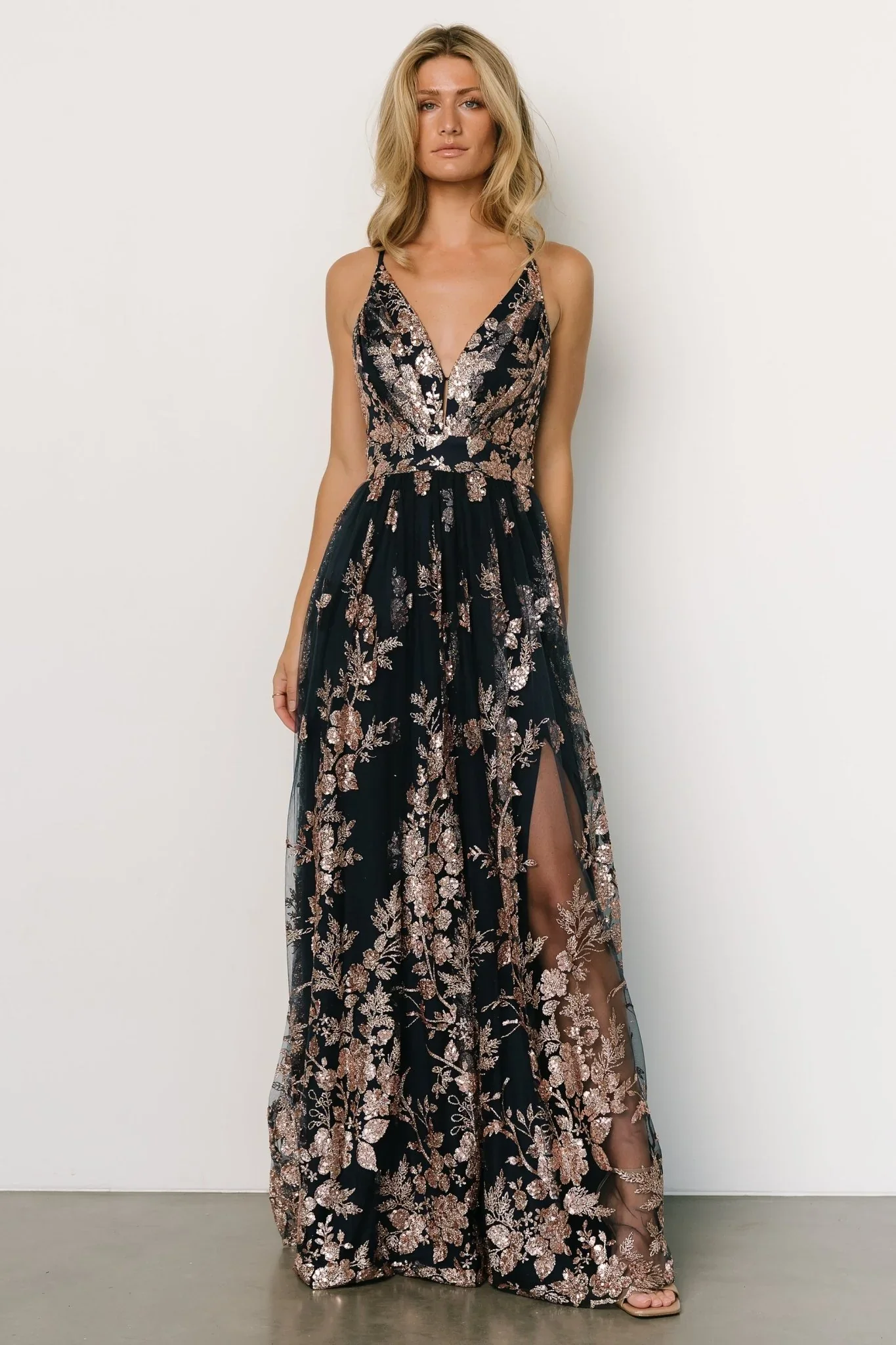 Lucienne Shimmer Maxi Gown | Navy + Rose Gold