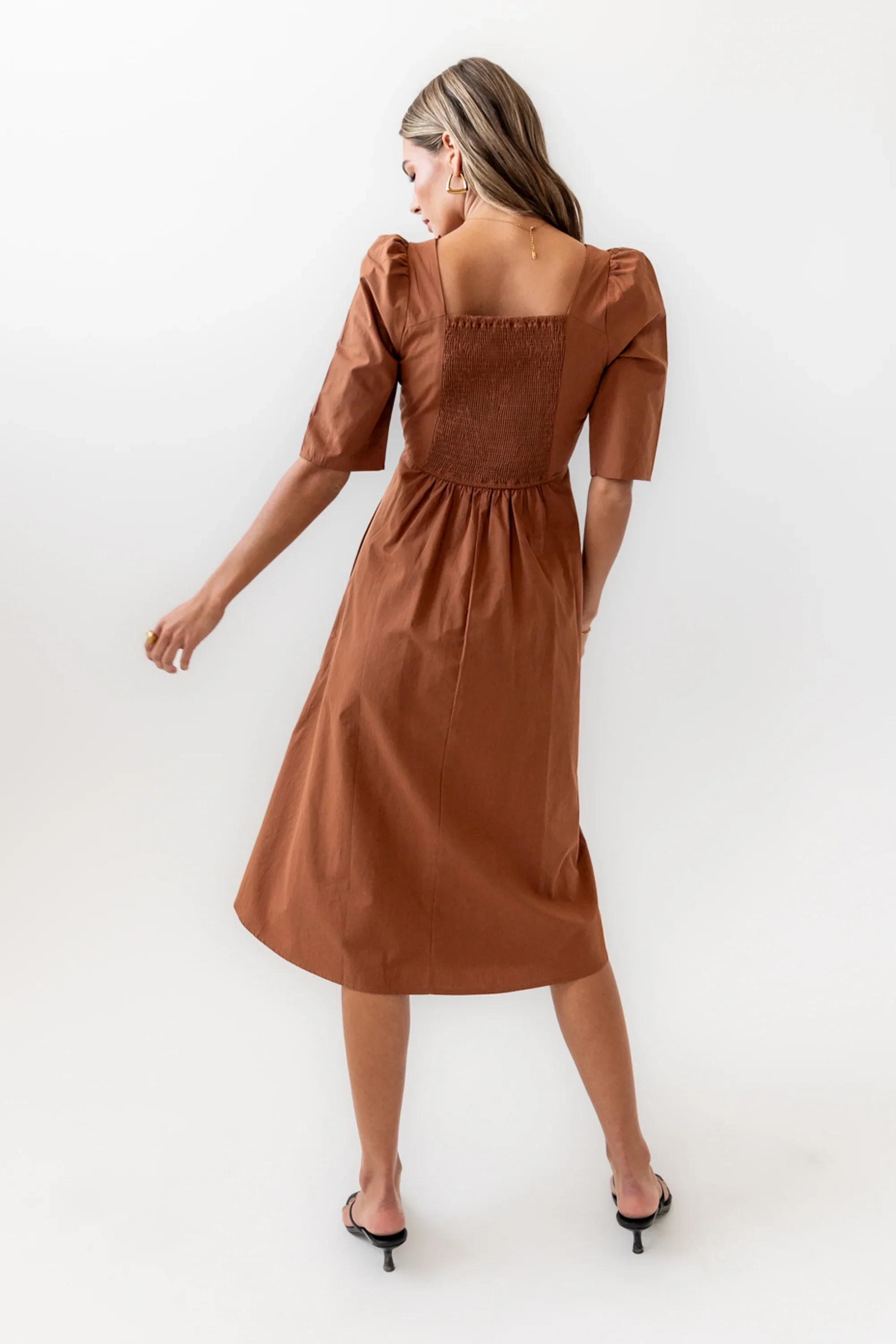 Paisley Smocked Midi Dress in Rust