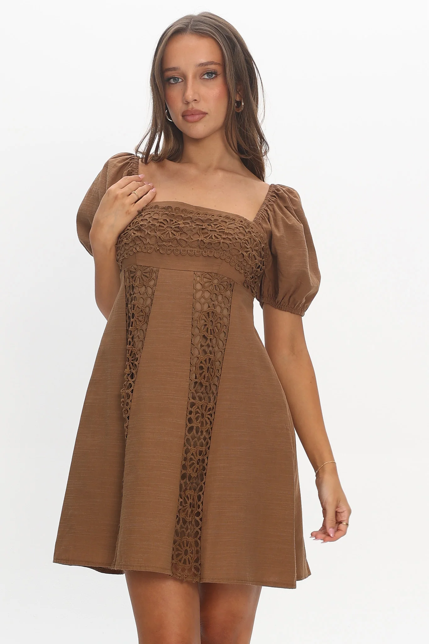 Highlight Reels Puff Sleeve Lace Mini Dress Chocolate - luluinthesky