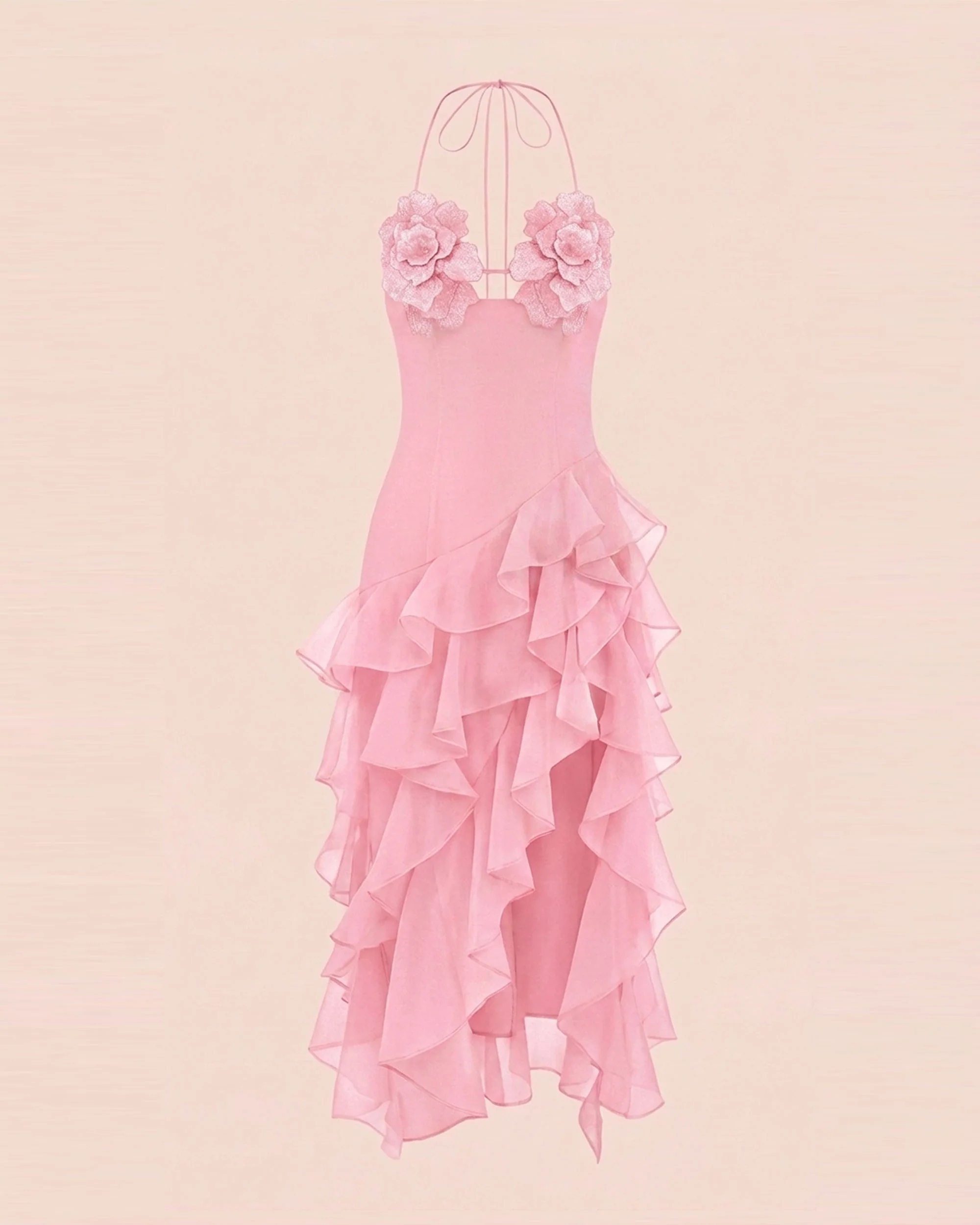 Flower Embroidered High-Low Ruffle Midi Dress - Blush Pink