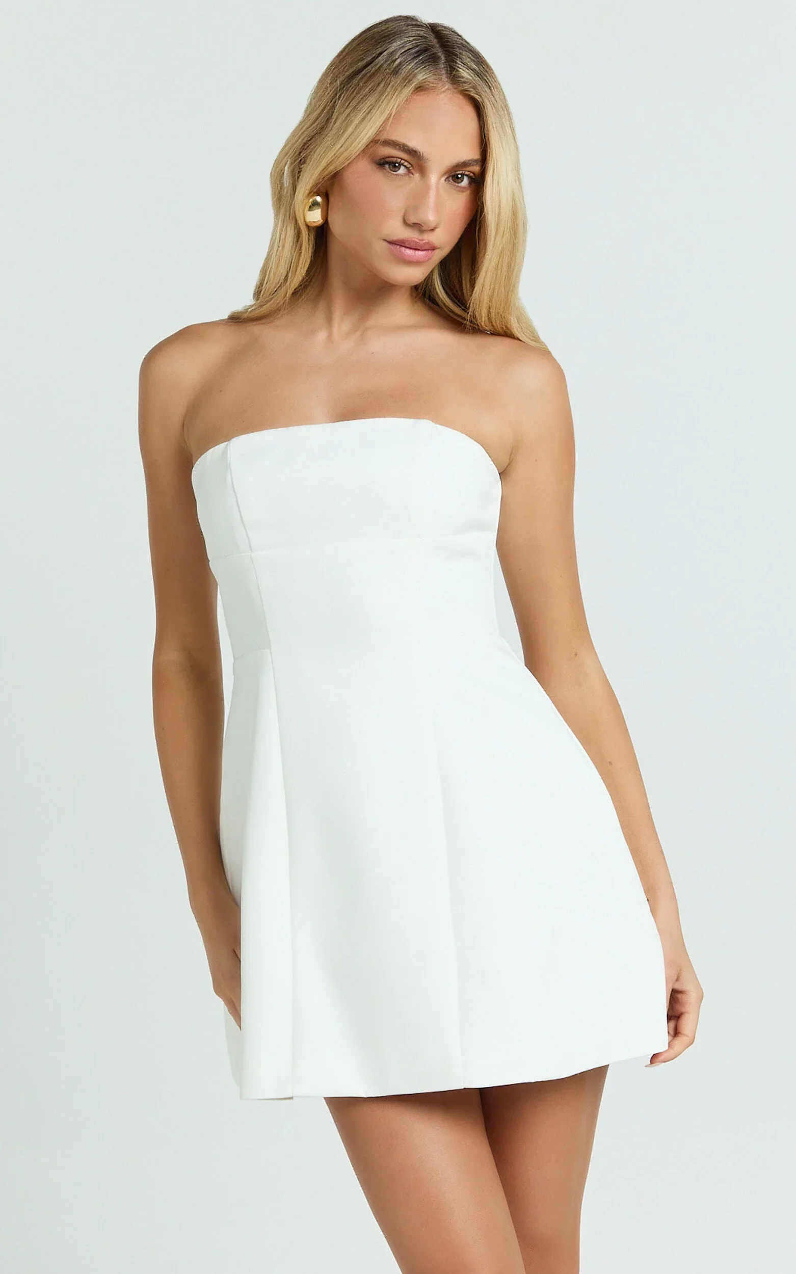 Catharine Mini Dress - Strapless A Line Dress In White