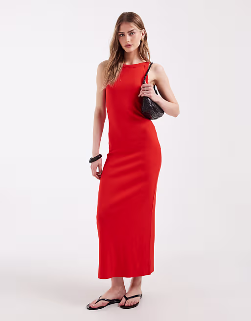 ribbed midi tank dress in bright orange