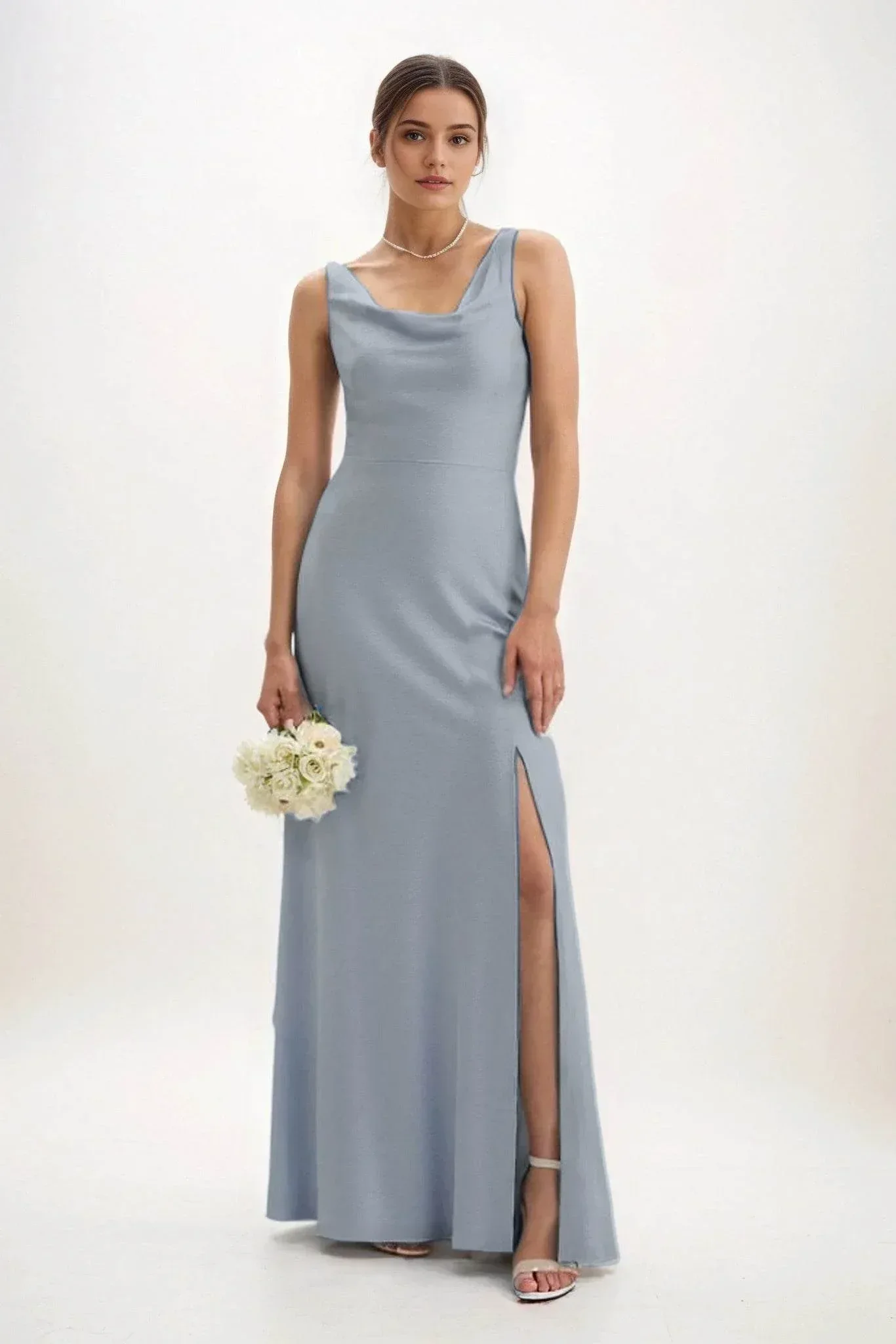 Sheath-Column Maxi Luxe Satin Bridesmaid Dress CB0816