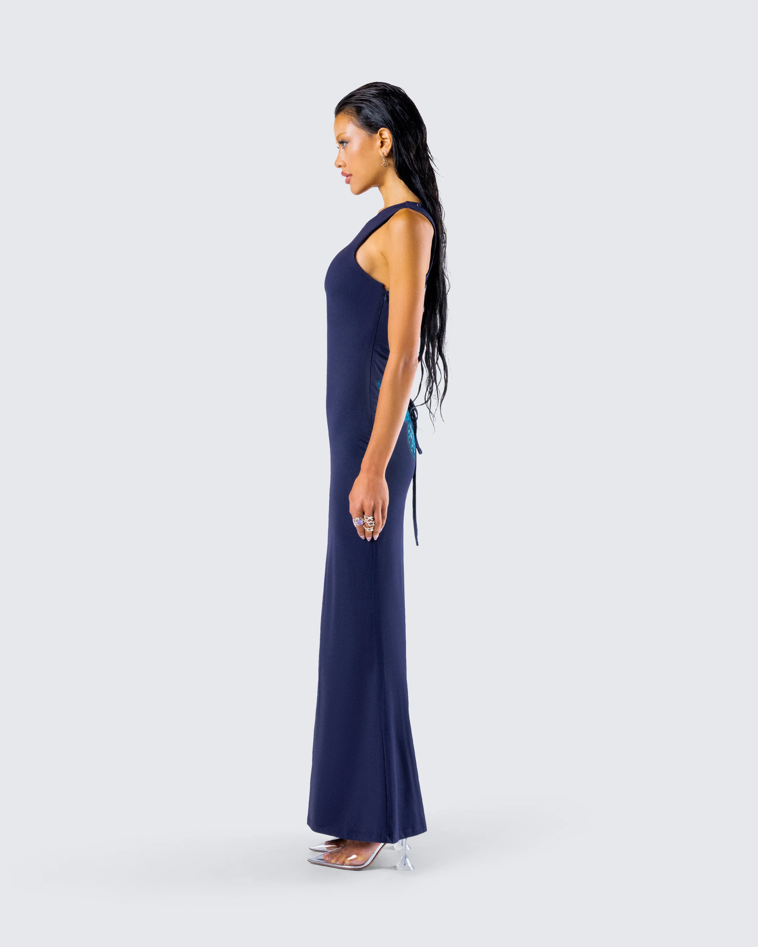 Kinny Navy Butterfly Print Maxi Dress