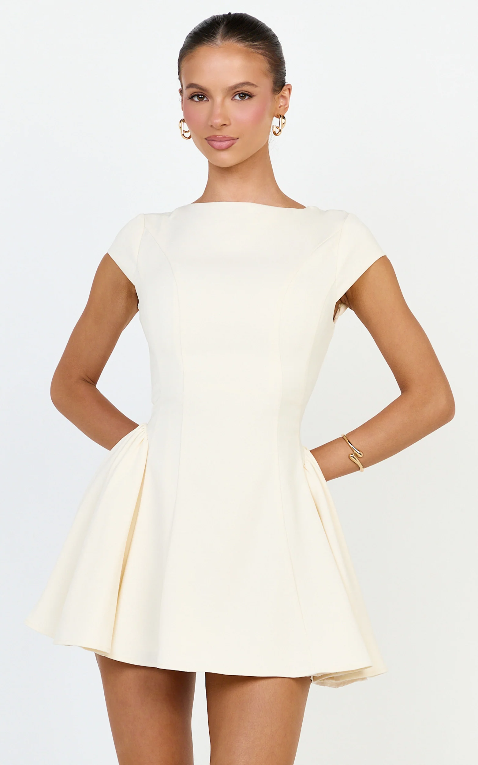 Lorayne Mini Dress - Cap Sleeve Gathered Hip Tie Back Mini Dress in Cream