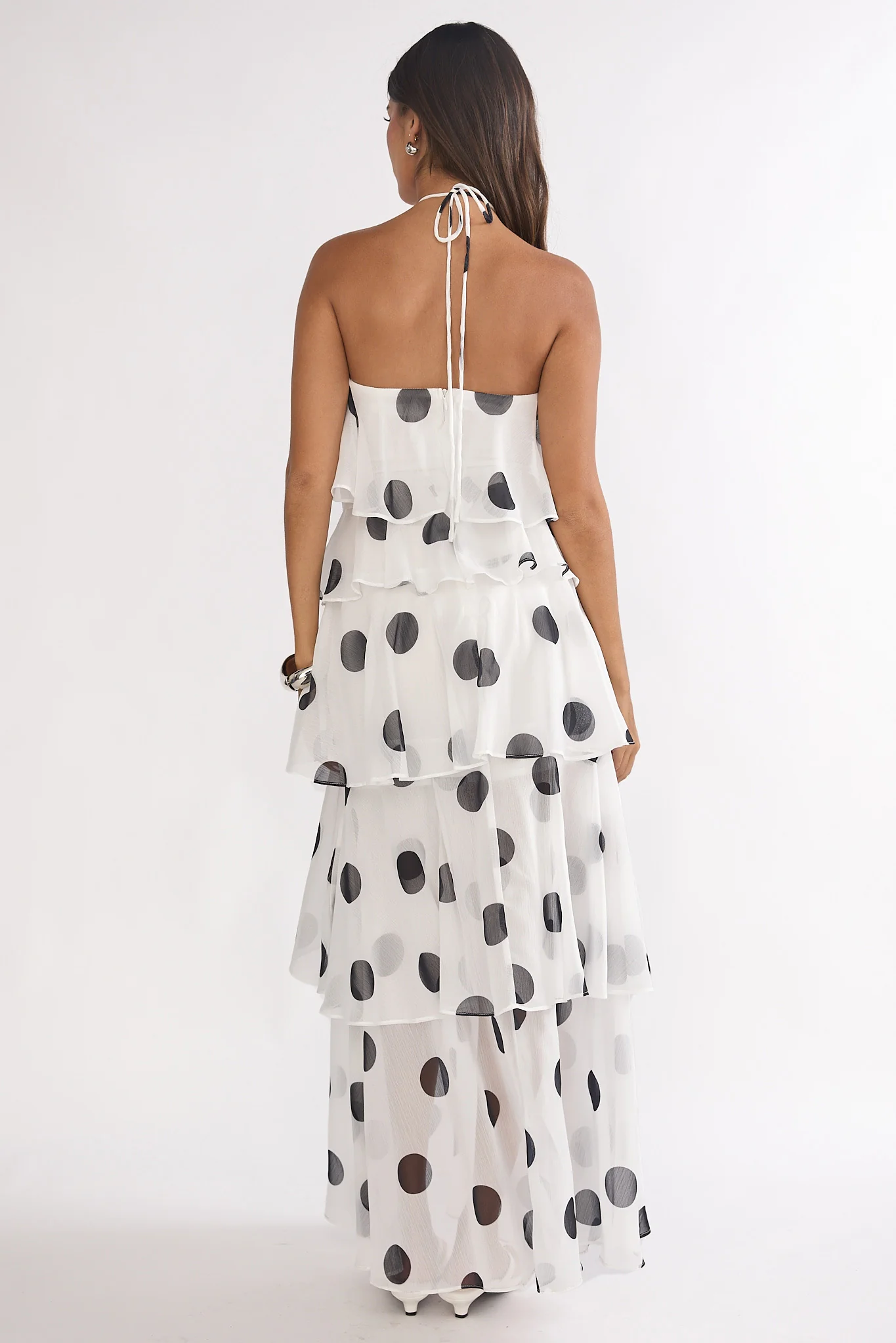 Darylyn Tiered Ruffle Maxi Dress Polka Dot White