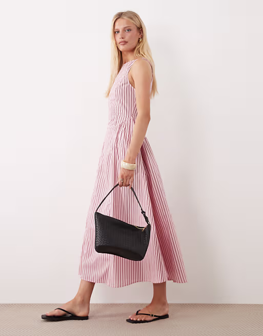 Brave Soul structured midi dress in pink & red stripes