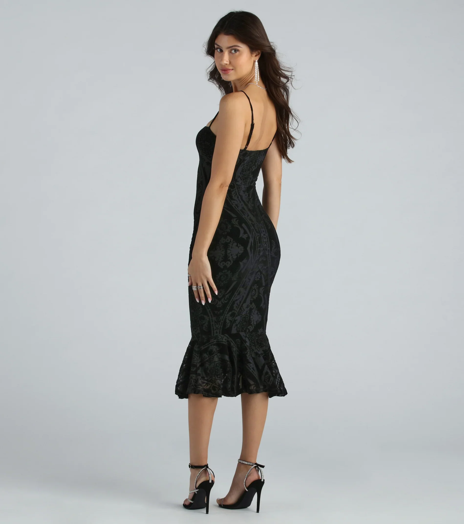 Step Out In Flocked Velvet Ruffle Midi Dress