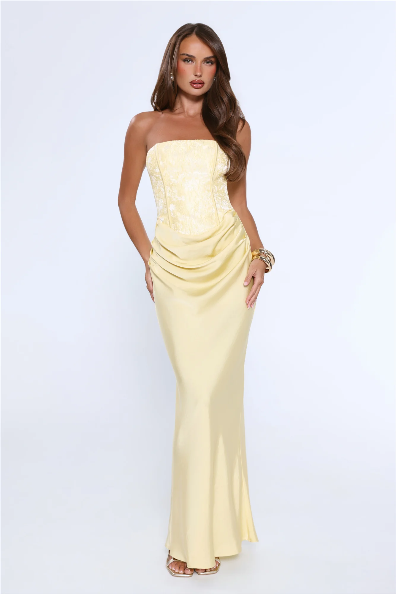 Dressed To Dazzle Strapless Satin Maxi Dress Yellow