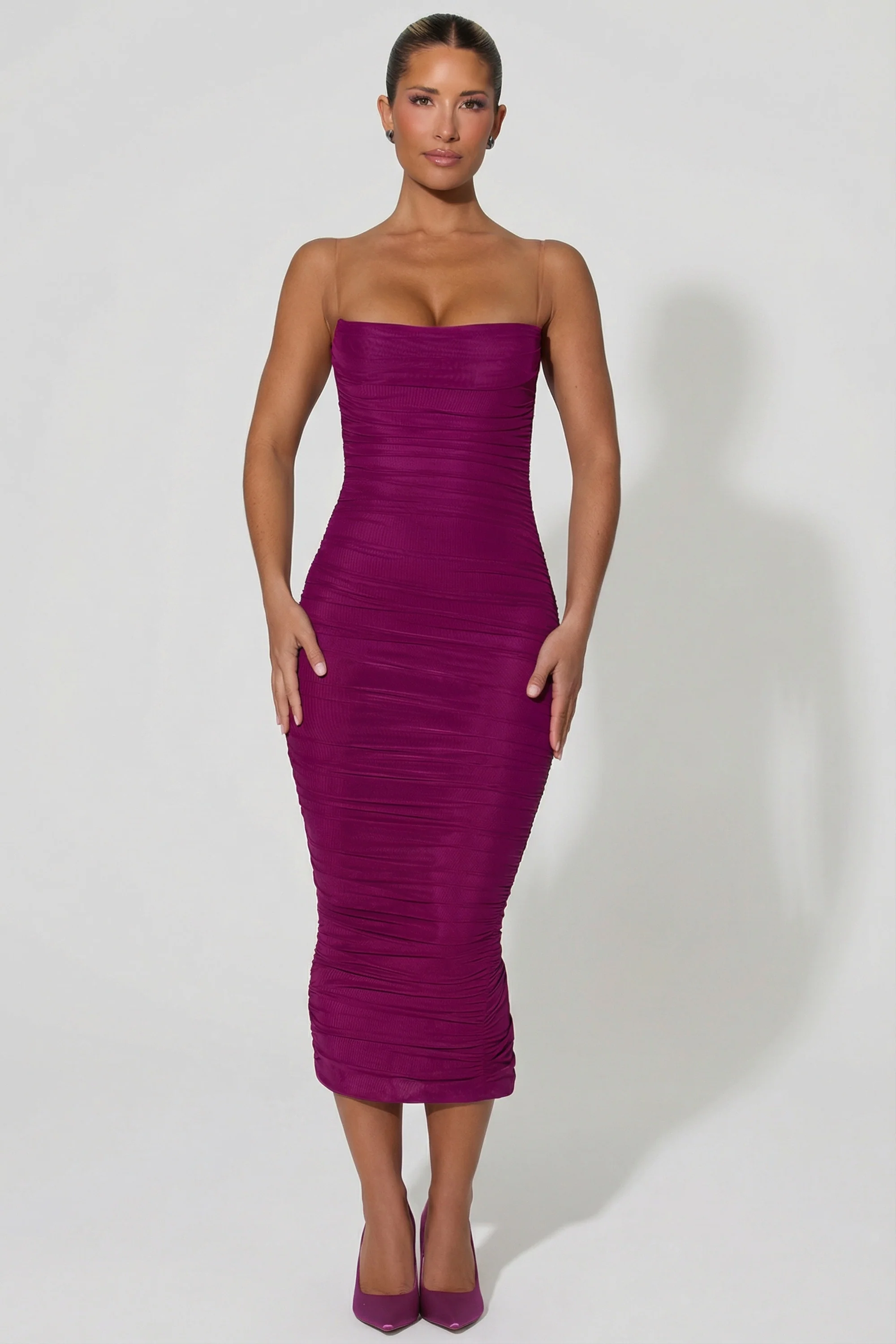 Ruched Backless Bodycon Midaxi Dress in Plum