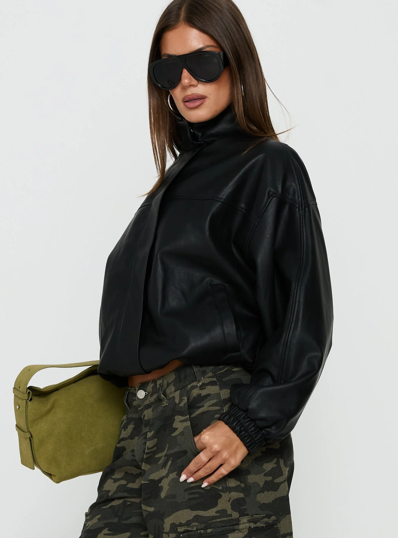 Dialtone Funnel Neck Faux Leather Jacket Black