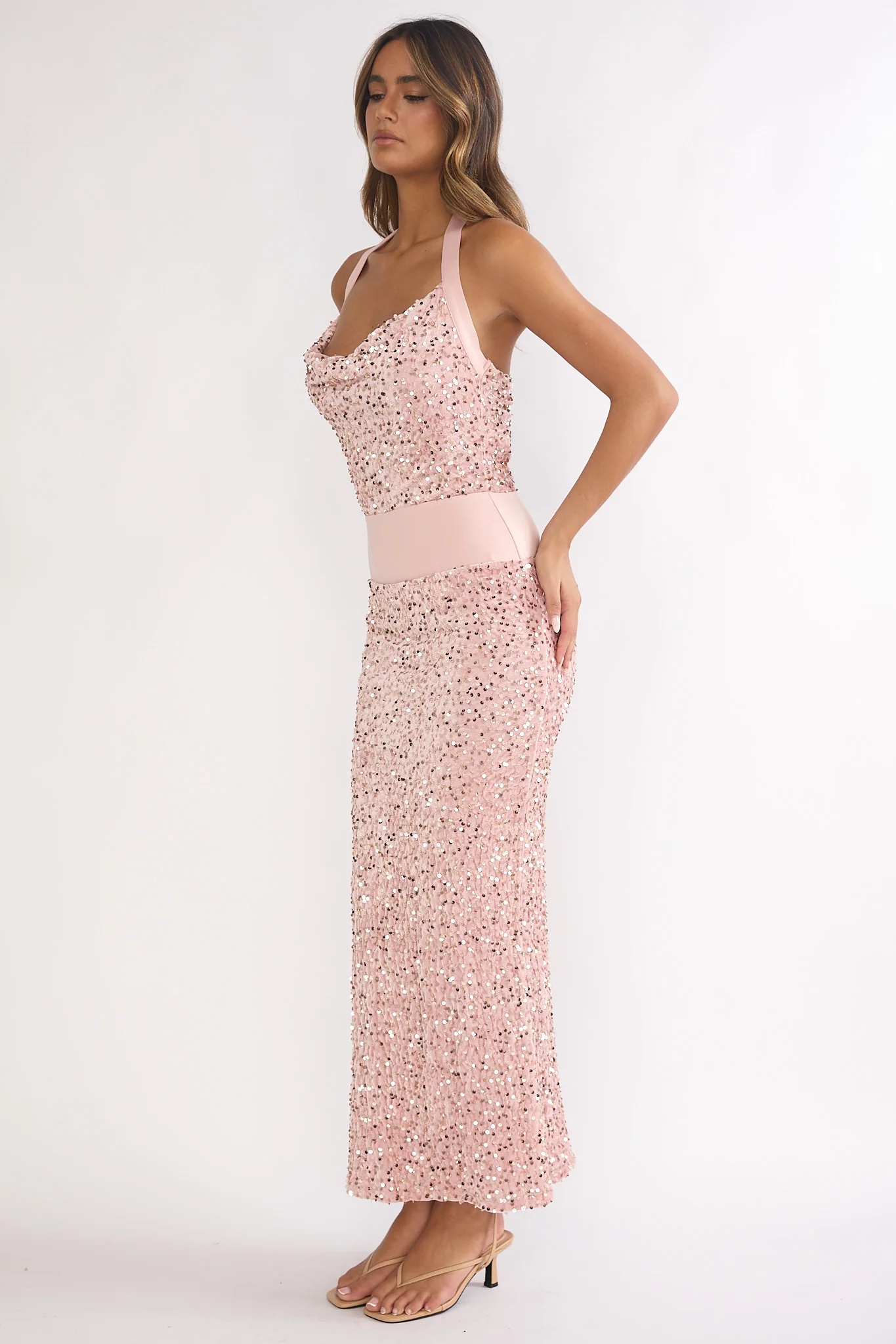 Cabernet Halter Maxi Dress Sequin Pink