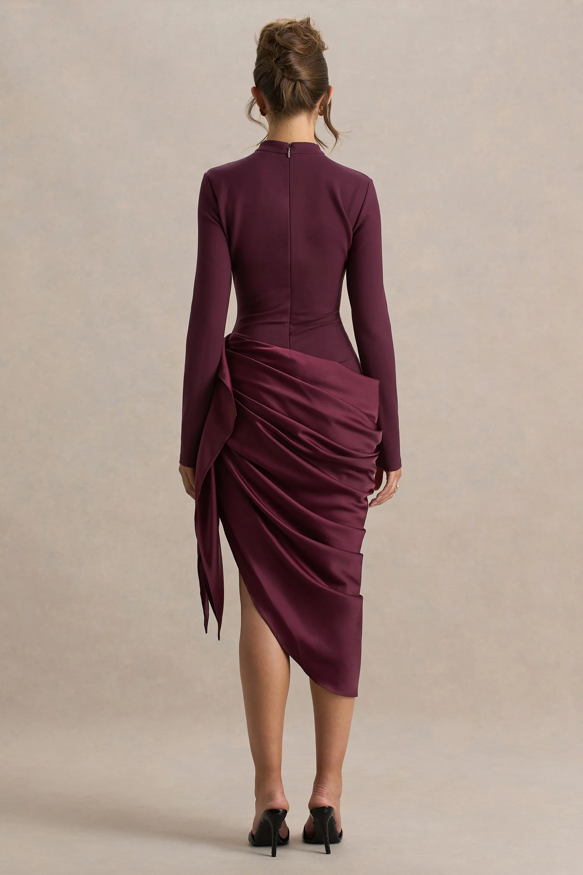 Raffie | Plum Long-Sleeve Midi Dress With Satin Wrap Skirt
