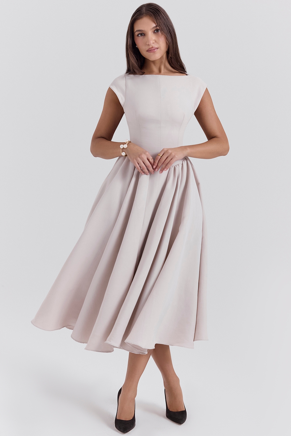 French Dove Moire Satin Backless Midi Dress