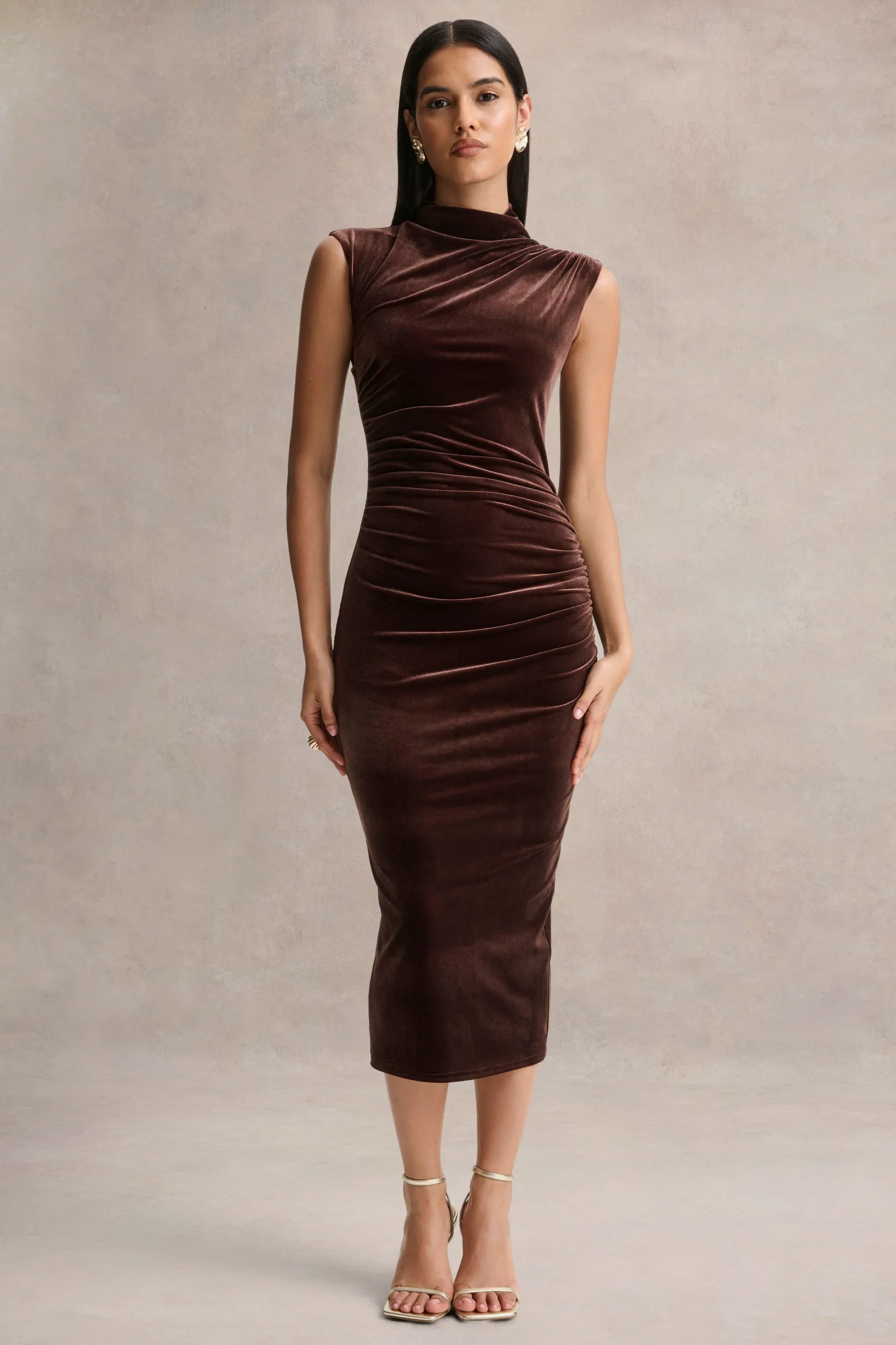 Novine | Brown Velvet High-Neck Midi Dress
