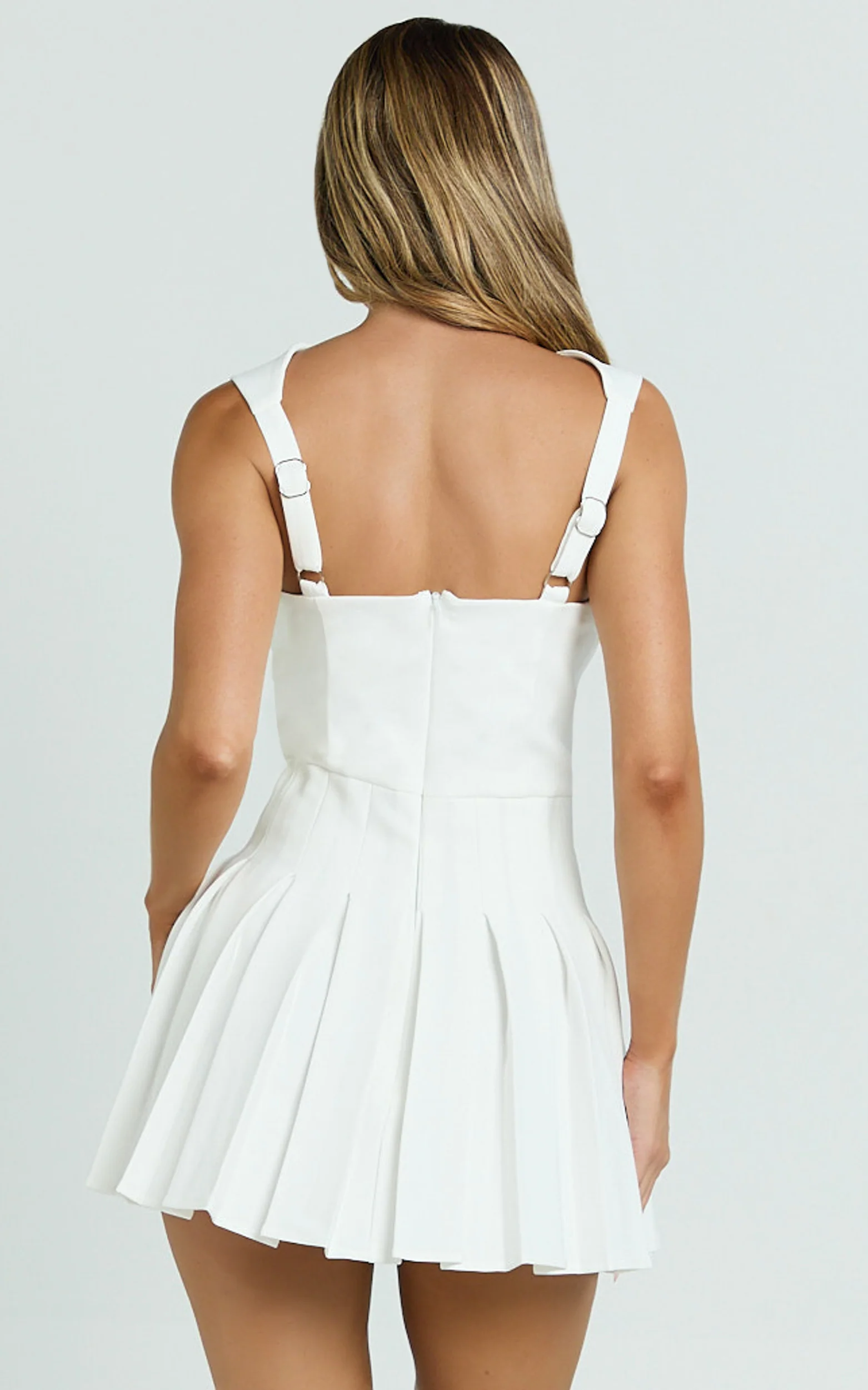 Wallace Mini Dress - Square Neck Wide Strap Drop Waist Pleated Dress in White