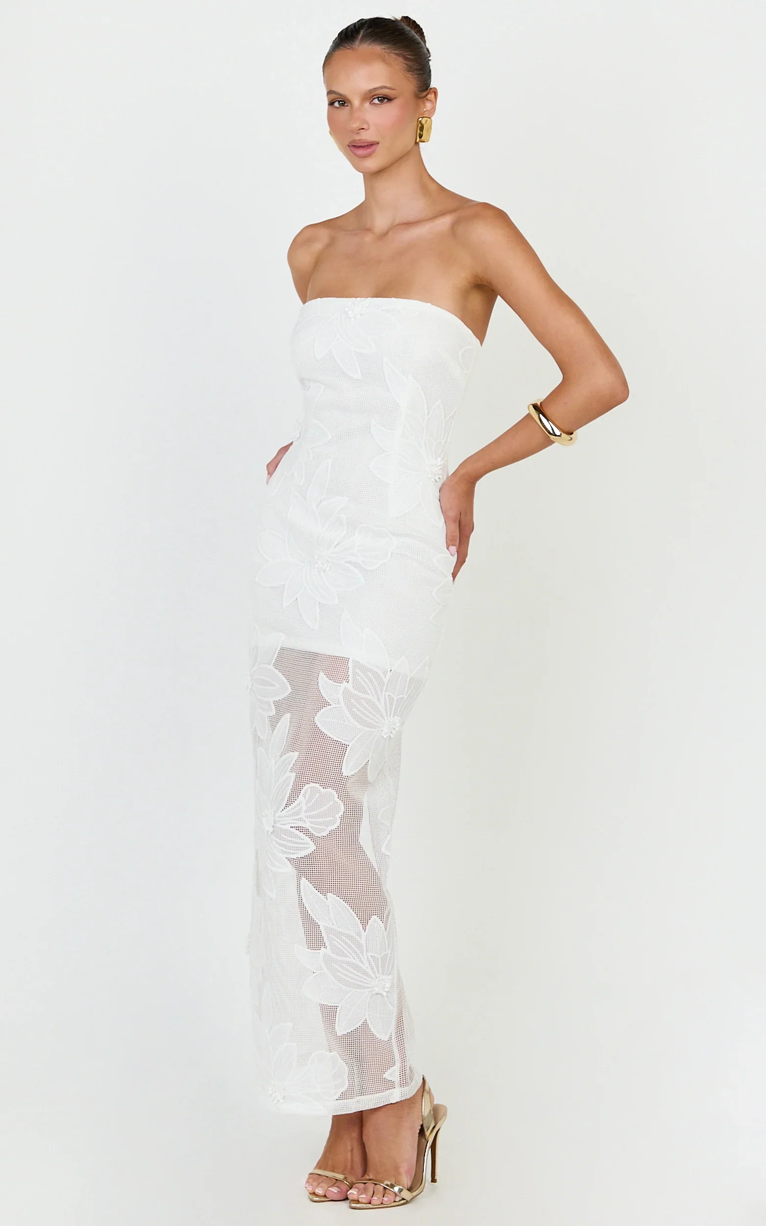 Sienna Midi Dress - Strapless Floral Embroidered Bodycon Dress in White