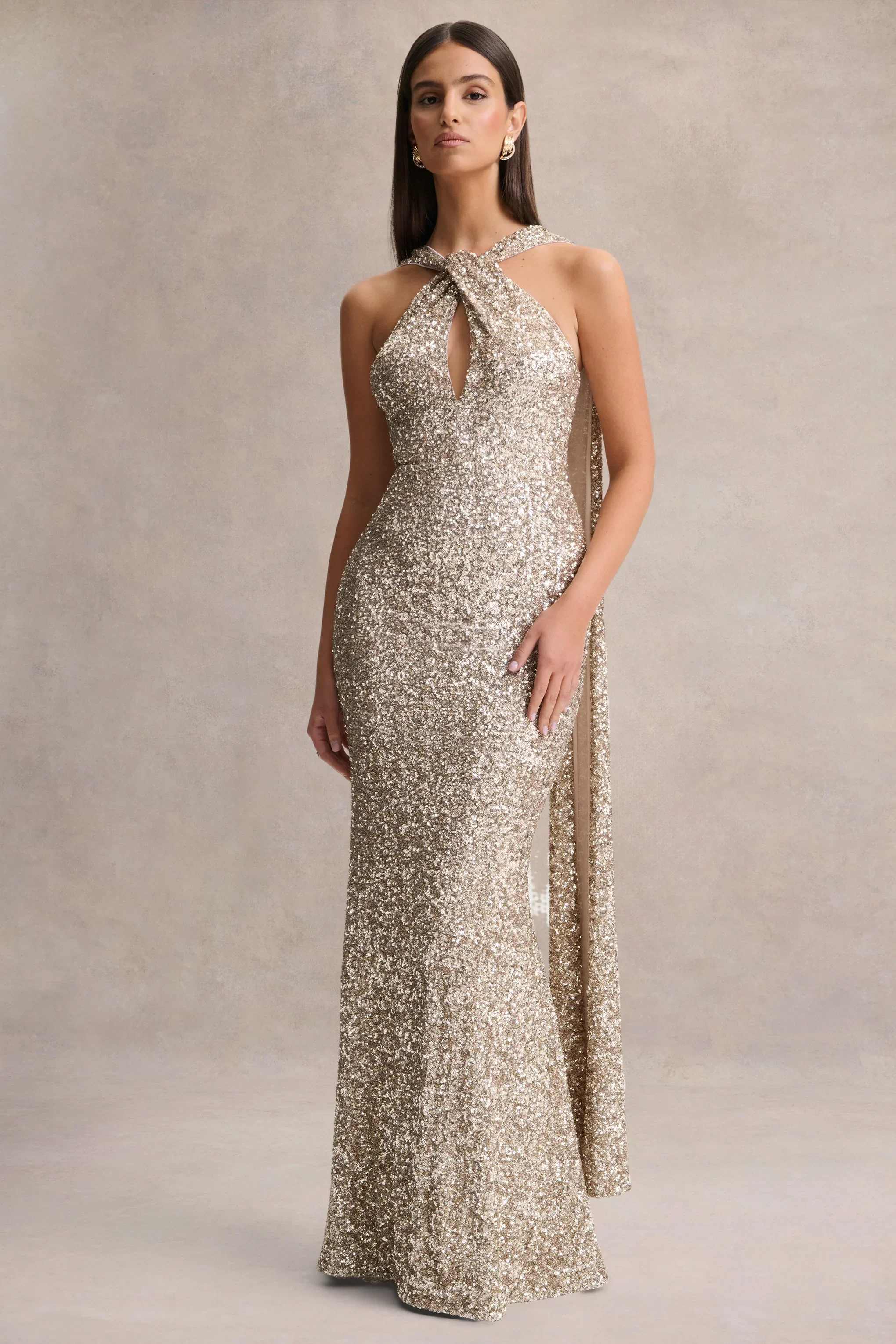 Renelle | Gold Sequin Halter-Neck Maxi Dress