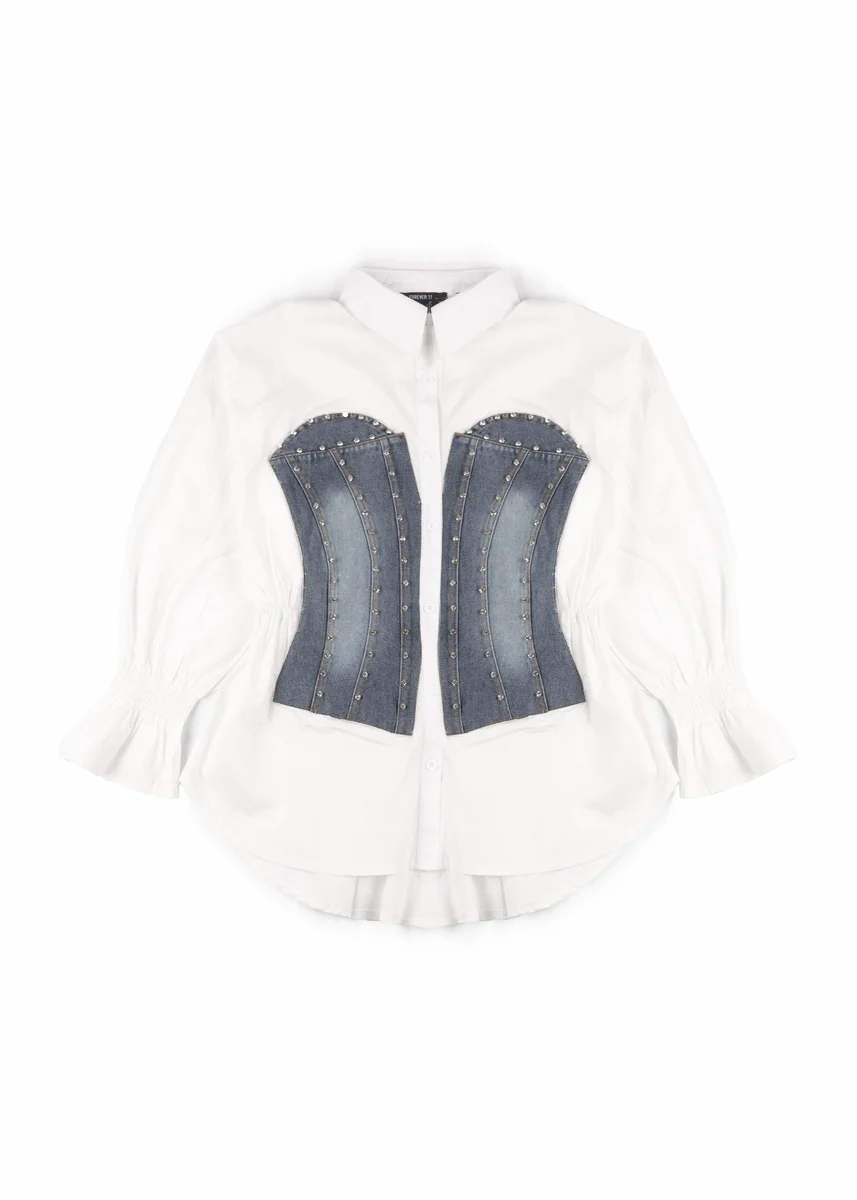 Poplin Faux Denim Corset Shirt