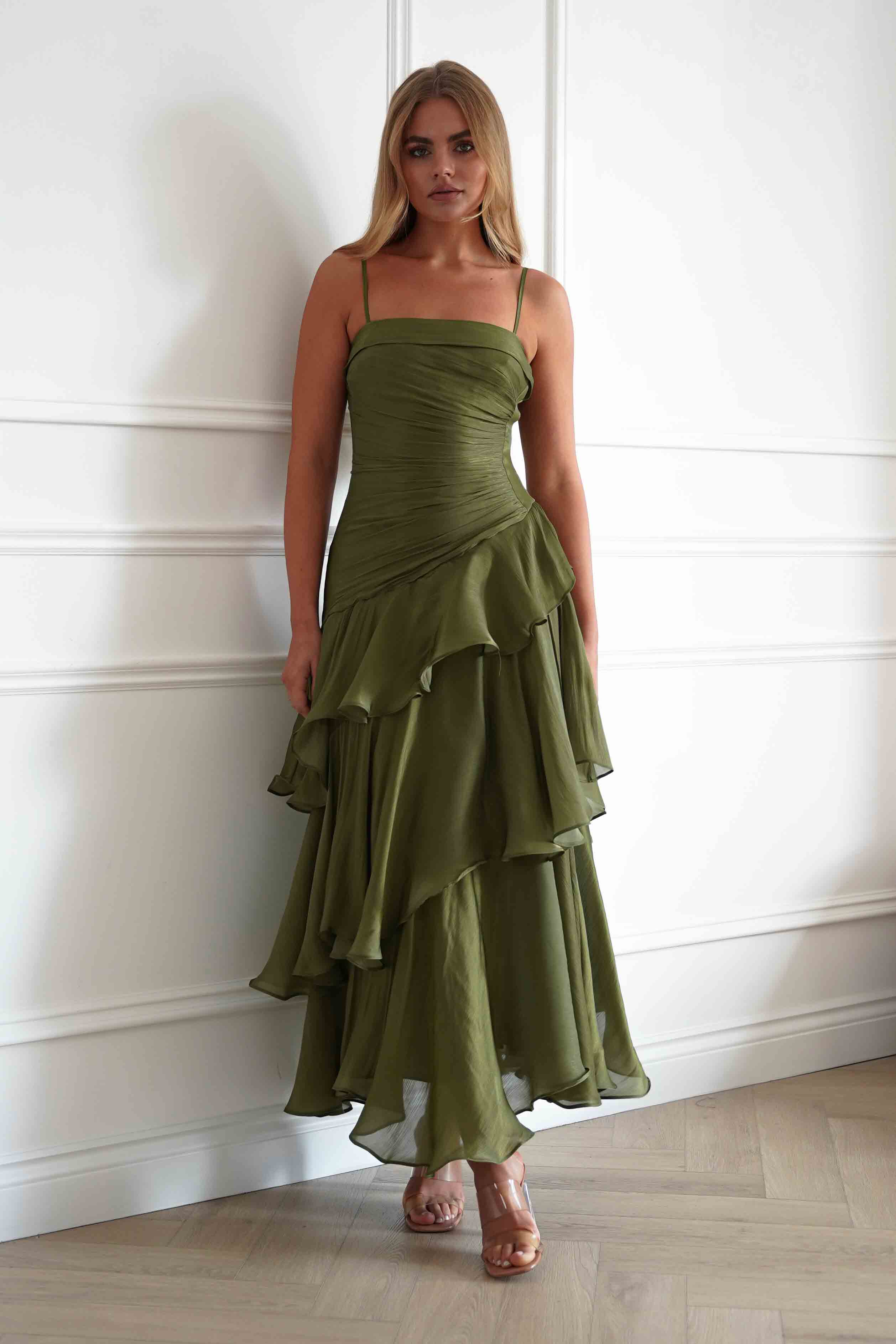 Renee Luminescent Ruffle Maxi Dress | Olive