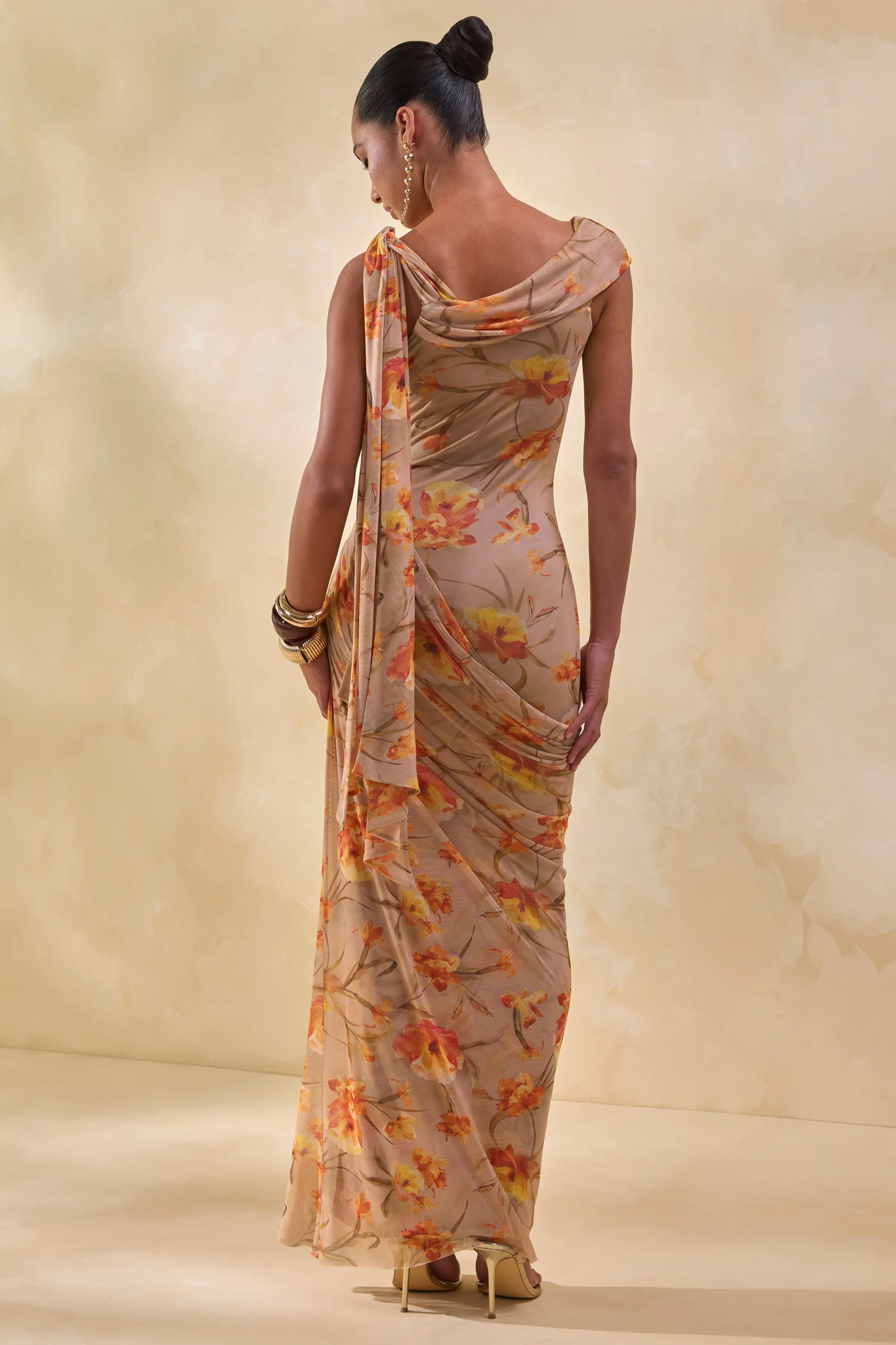 Afton | Orange Floral Mesh Asymmetric-Neck Maxi Dress With Sash Detail - luluinthesky
