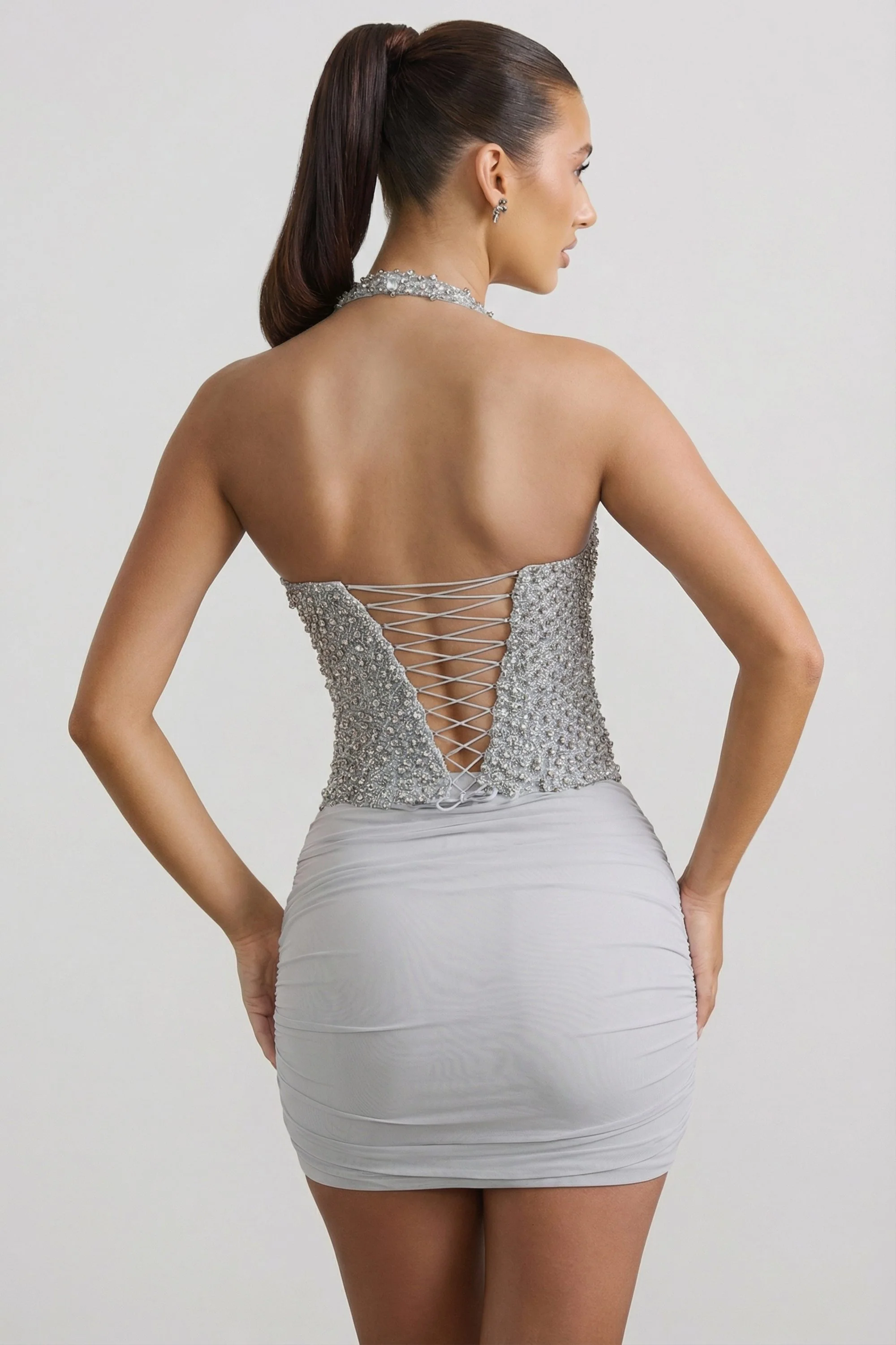 Ruched Mid-Rise Mini Skirt in Silver