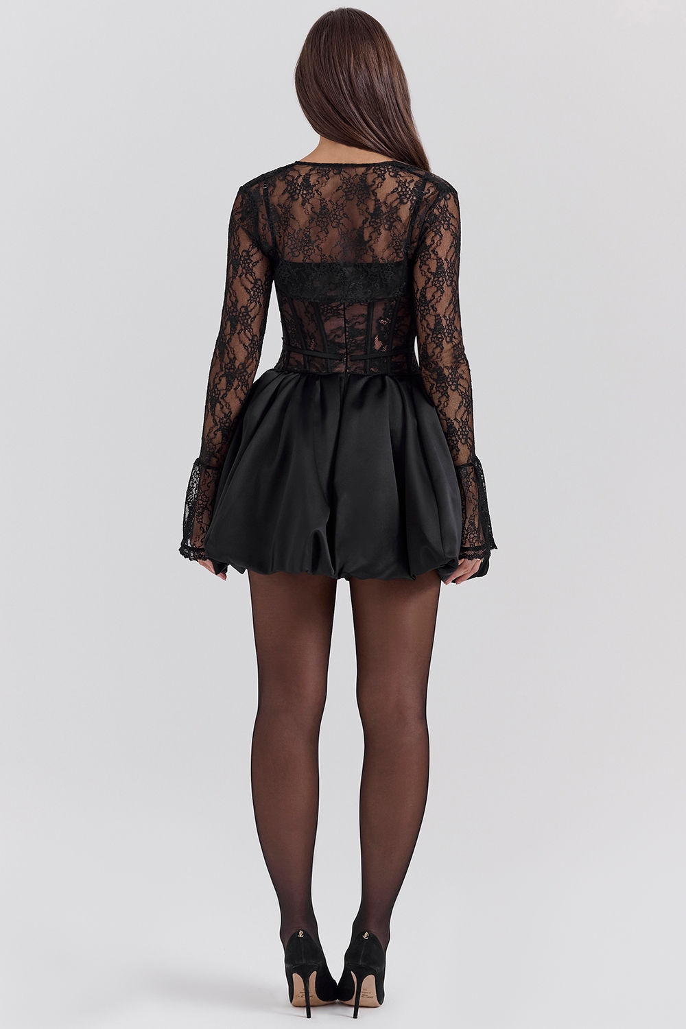 Black Lace Puffball Mini Dress