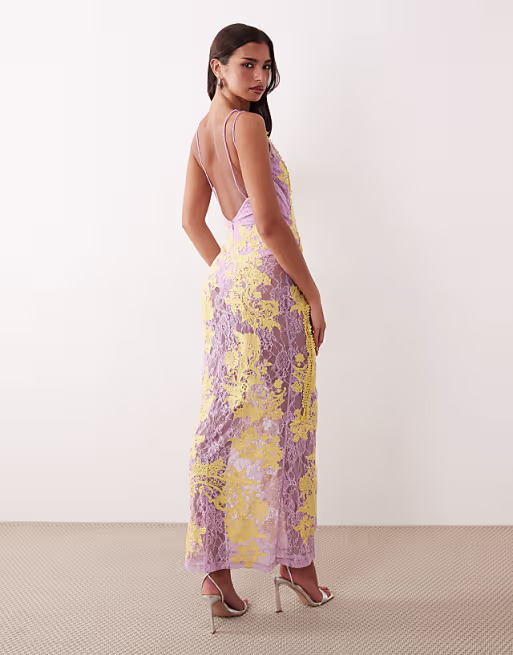 embroidered and embellished lace dress with open back and cut outs in lilac